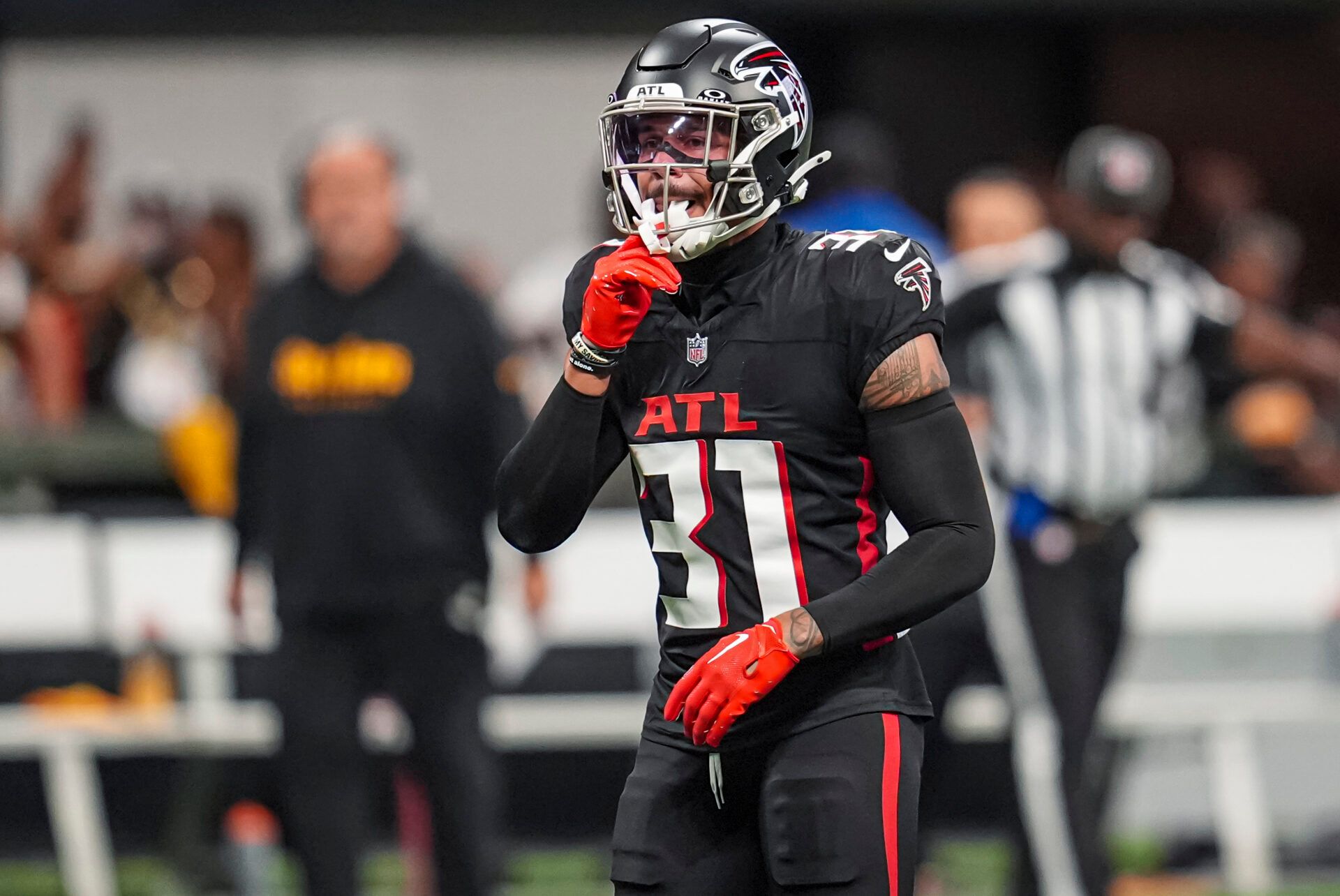 Sep 8, 2024; Atlanta, Georgia, USA; Atlanta Falcons safety Justin Simmons (31) on the field during the game against the Pittsburgh Steelers at Mercedes-Benz Stadium. Mandatory Credit: Dale Zanine-Imagn Images