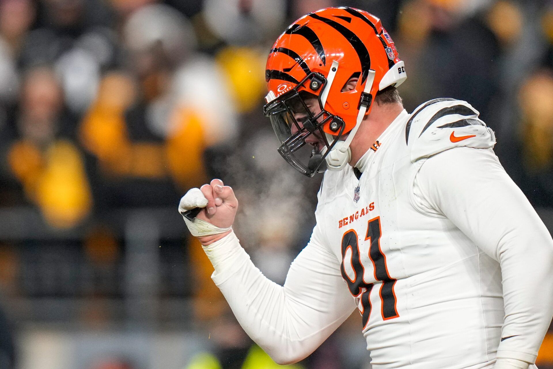 Cincinnati Bengals defensive end Trey Hendrickson (91) celebrates as the Steelers prepare to punt in the fourth quarter of the NFL Week 18 game between the Pittsburgh Steelers and the Cincinnati Bengals at Acrisure Stadium in Pittsburgh on Saturday, Jan. 4, 2025. The Bengals won 19-17 to finish the regular season at 9-8.