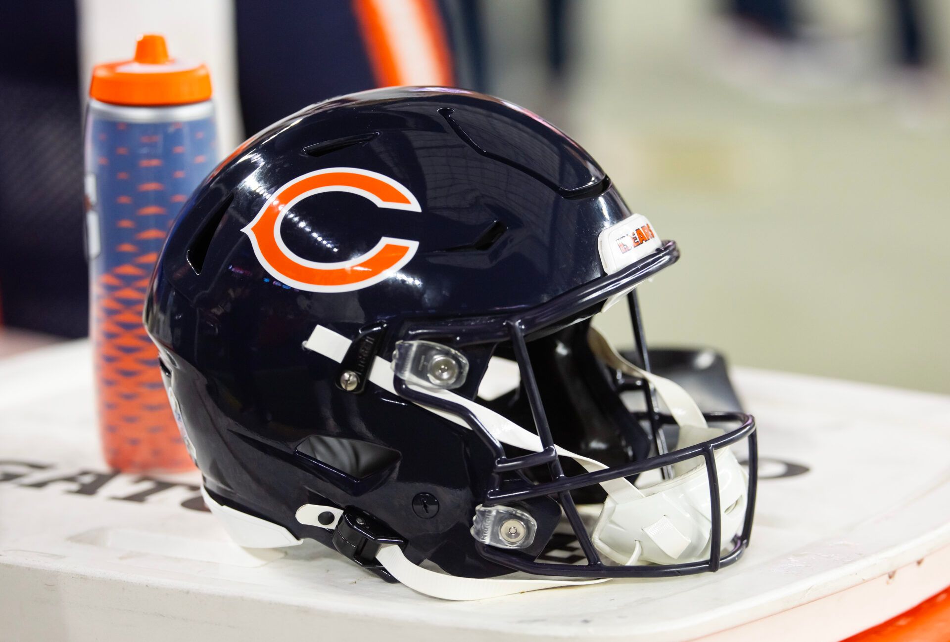 Nov 3, 2024; Glendale, Arizona, USA; Detailed view of a Chicago Bears helmet at State Farm Stadium. Mandatory Credit: Mark J. Rebilas-Imagn Images