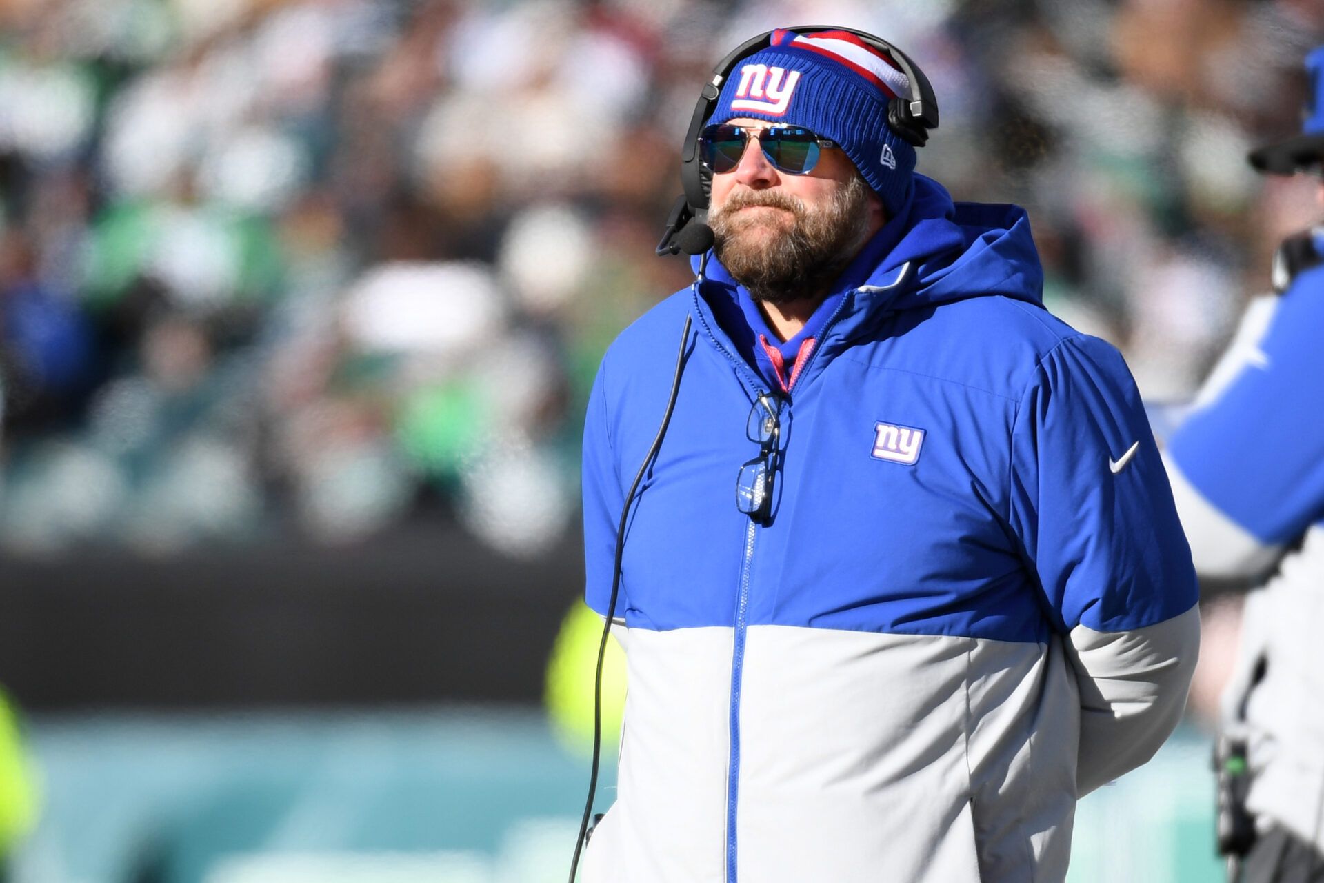 Jan 5, 2025; Philadelphia, Pennsylvania, USA; New York Giants head coach Brian Daboll on the sidelines against the Philadelphia Eagles at Lincoln Financial Field. Mandatory Credit: Eric Hartline-Imagn Images