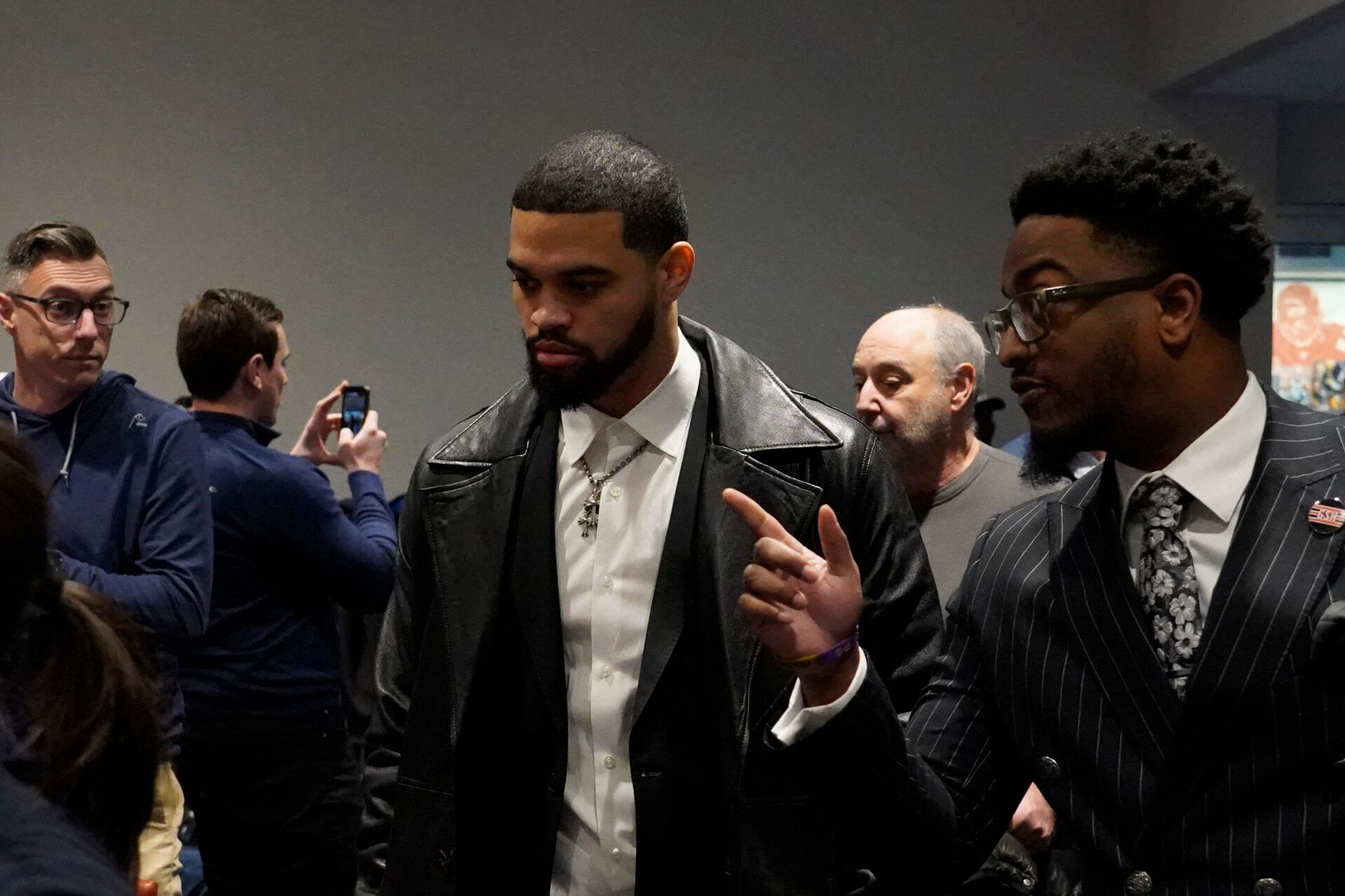 Jan 22, 2025; Lake Forest, IL, USA; Chicago Bears quarterback Caleb Williams arrives at a press conference introducing new head coach Ben Johnson at PNC Center. Mandatory Credit: David Banks-Imagn Images