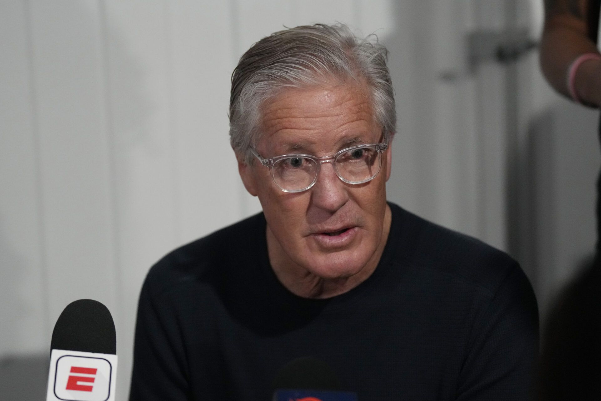 Mar 31, 2025; Palm Beach, FL, USA; Las Vegas Raiders head coach Pete Carroll answers questions from the media during the NFL Annual League Meeting at The Breakers. Mandatory Credit: Jim Rassol-Imagn Images