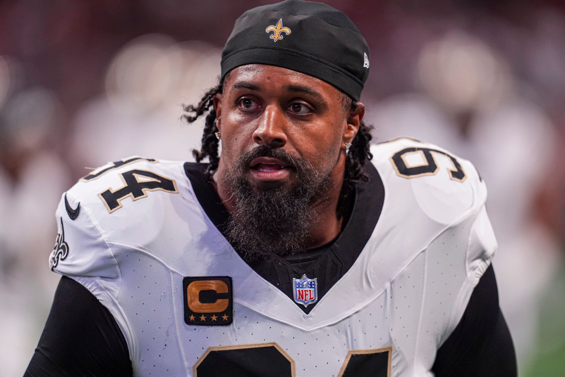 Sep 29, 2024; Atlanta, Georgia, USA; New Orleans Saints defensive end Cameron Jordan (94) shown on the field before the game against the Atlanta Falcons at Mercedes-Benz Stadium. Mandatory Credit: Dale Zanine-Imagn Images