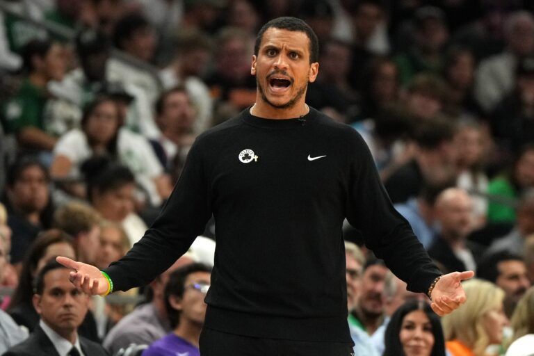 Boston Celtics head coach Joe Mazzulla reacts against the Phoenix Suns during the second half at Footprint Center.