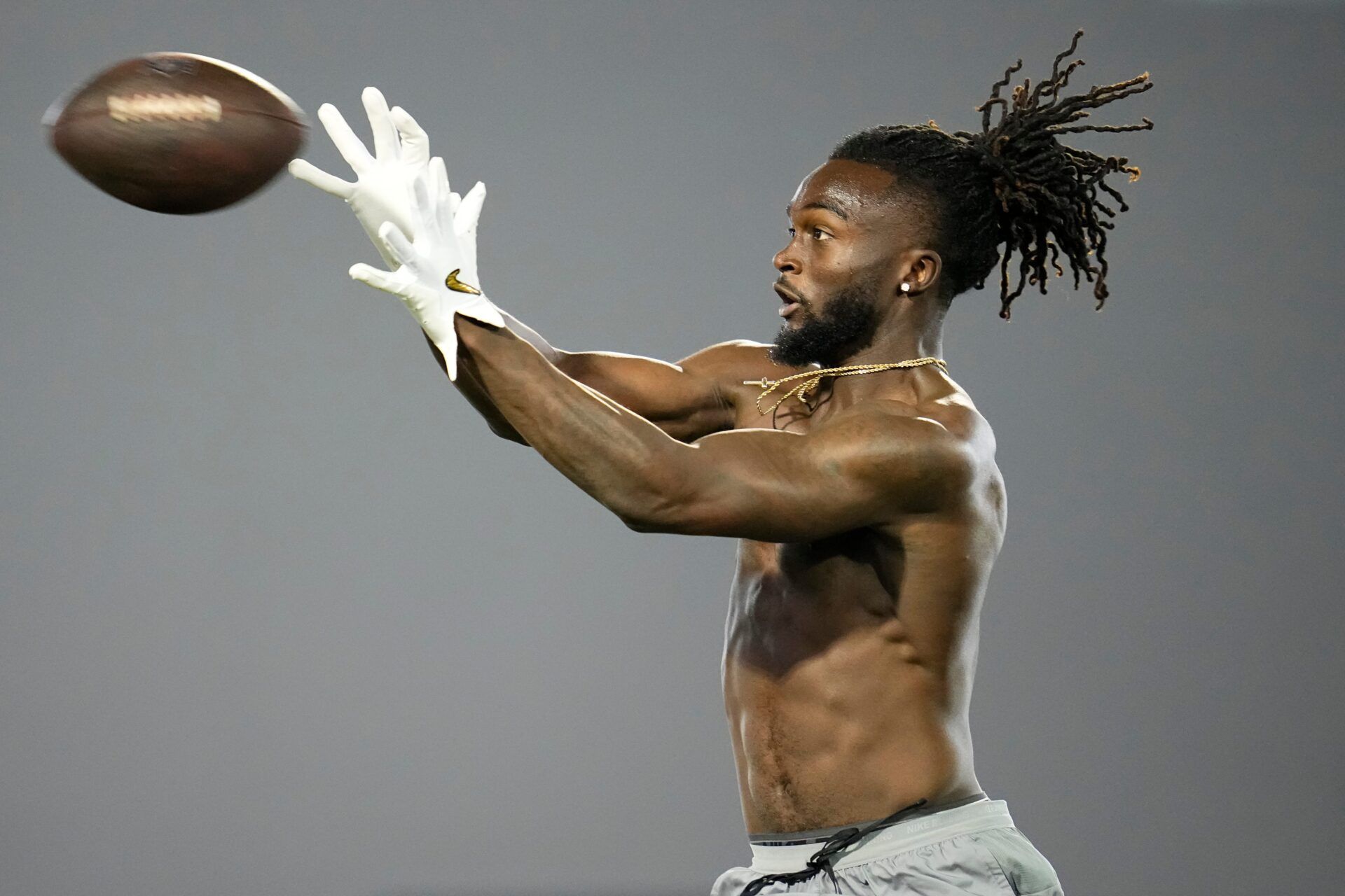 Ohio State Buckeyes cornerback Denzel Burke catches balls during the pro day for NFL scouts at the Woody Hayes Athletic Cente on March 26, 2025.