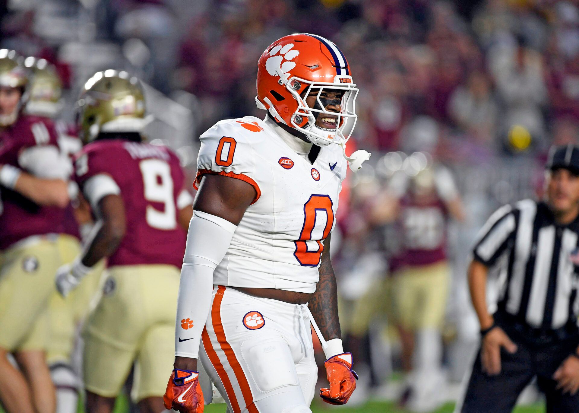 Oct 5, 2024; Tallahassee, Florida, USA; Clemson Tigers linebacker Barrett Carter (0) celebrates after a sack against the Florida State Seminoles during the first half at Doak S. Campbell Stadium. Mandatory Credit: Melina Myers-Imagn Images
