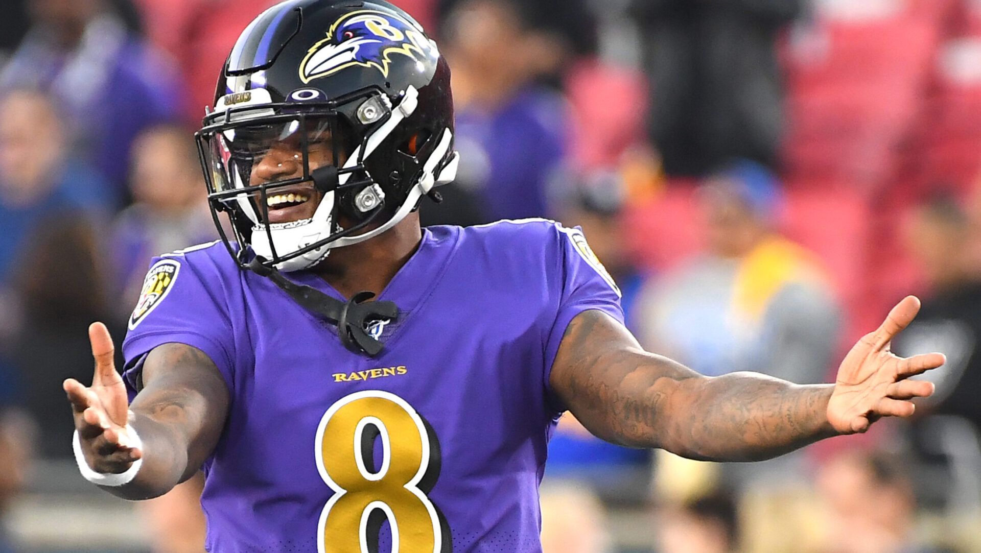 LOS ANGELES, CA - NOVEMBER 25: Lamar Jackson #8 of the Baltimore Ravens warms up before the game against the Los Angeles Rams at Los Angeles Memorial Coliseum on November 25, 2019 in Los Angeles, California. (Photo by Jayne Kamin-Oncea/Getty Images)