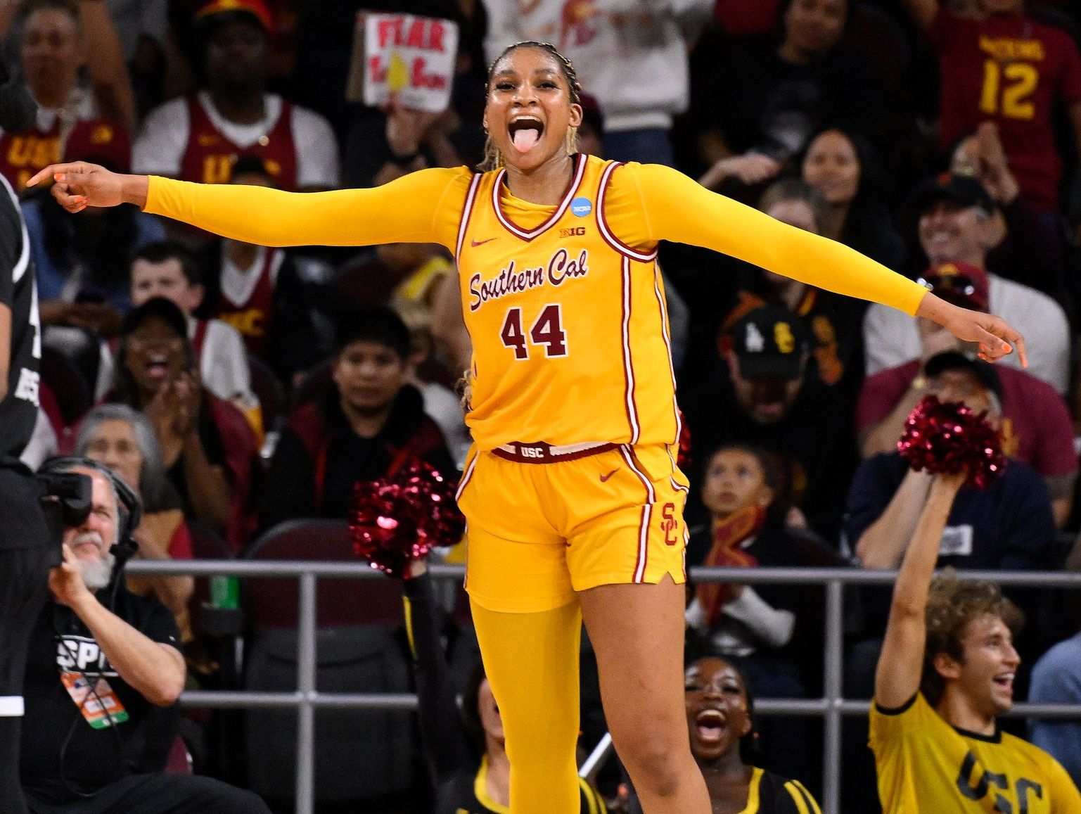 USC Trojans forward Kiki Iriafen (44) celebrates scoring in the third quarter against the Mississippi State Bulldogs during an NCAA Tournament second round game at Galen Center.
