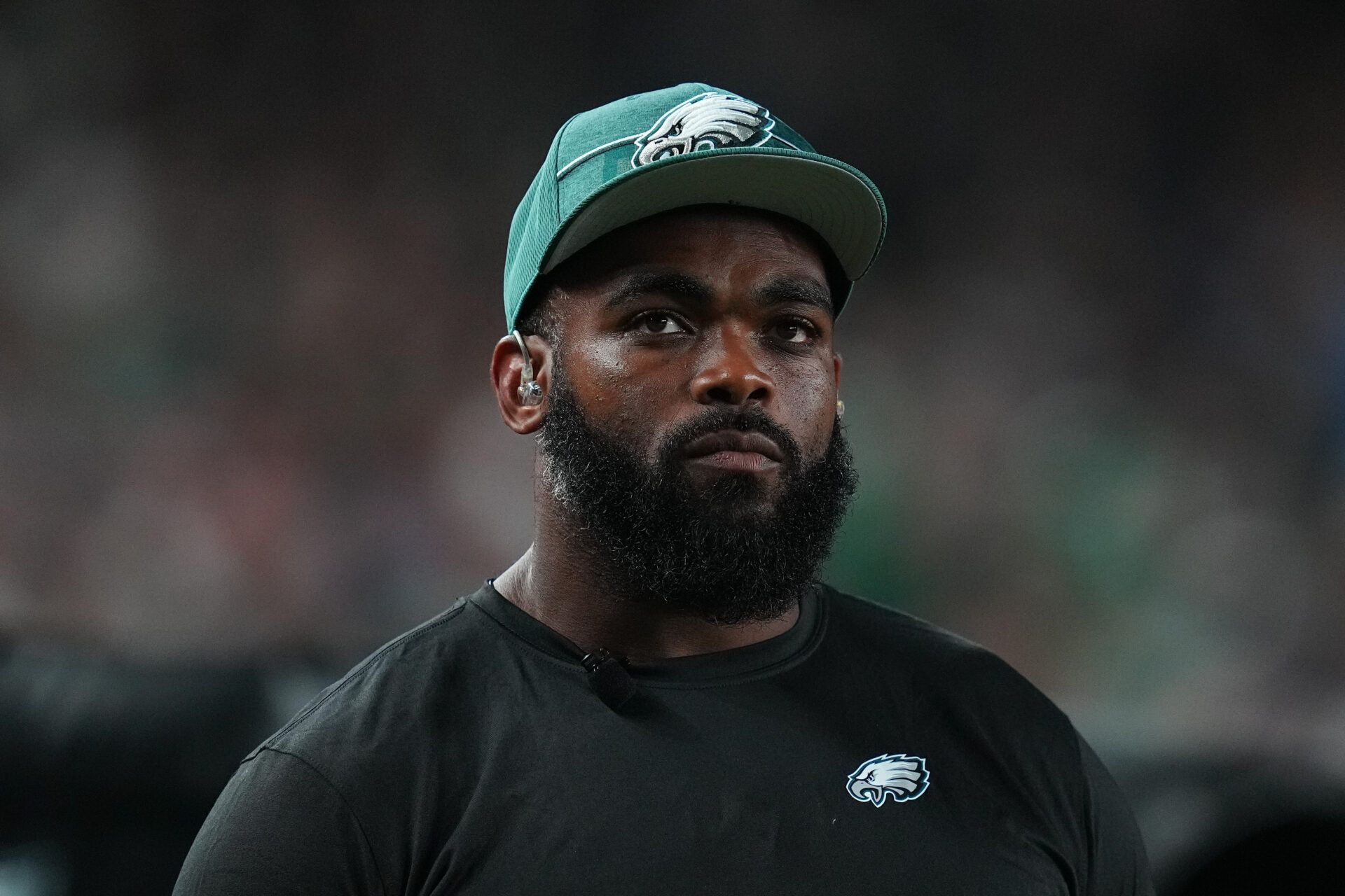 PHILADELPHIA, PENNSYLVANIA - AUGUST 17: Brandon Graham #55 of the Philadelphia Eagles looks on against the Cleveland Browns in the second half of the preseason game at Lincoln Financial Field on August 17, 2023 in Philadelphia, Pennsylvania. The Browns tied the Eagles 18-18. (Photo by Mitchell Leff/Getty Images)