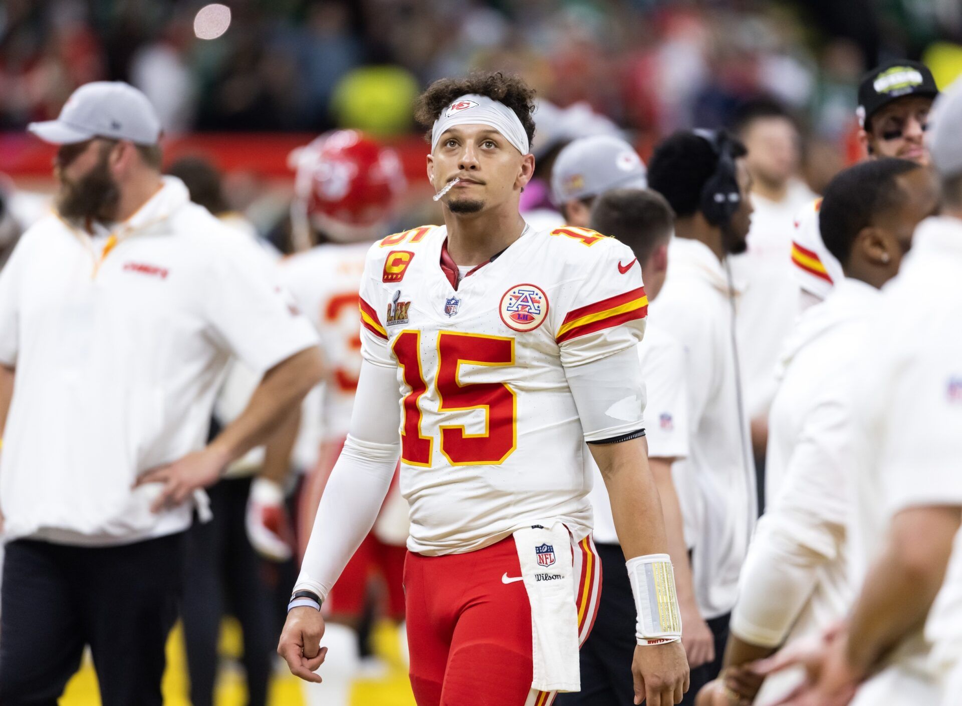 Kansas City Chiefs quarterback Patrick Mahomes (15) reacts against the Philadelphia Eagles in Super Bowl LIX at Ceasars Superdome.