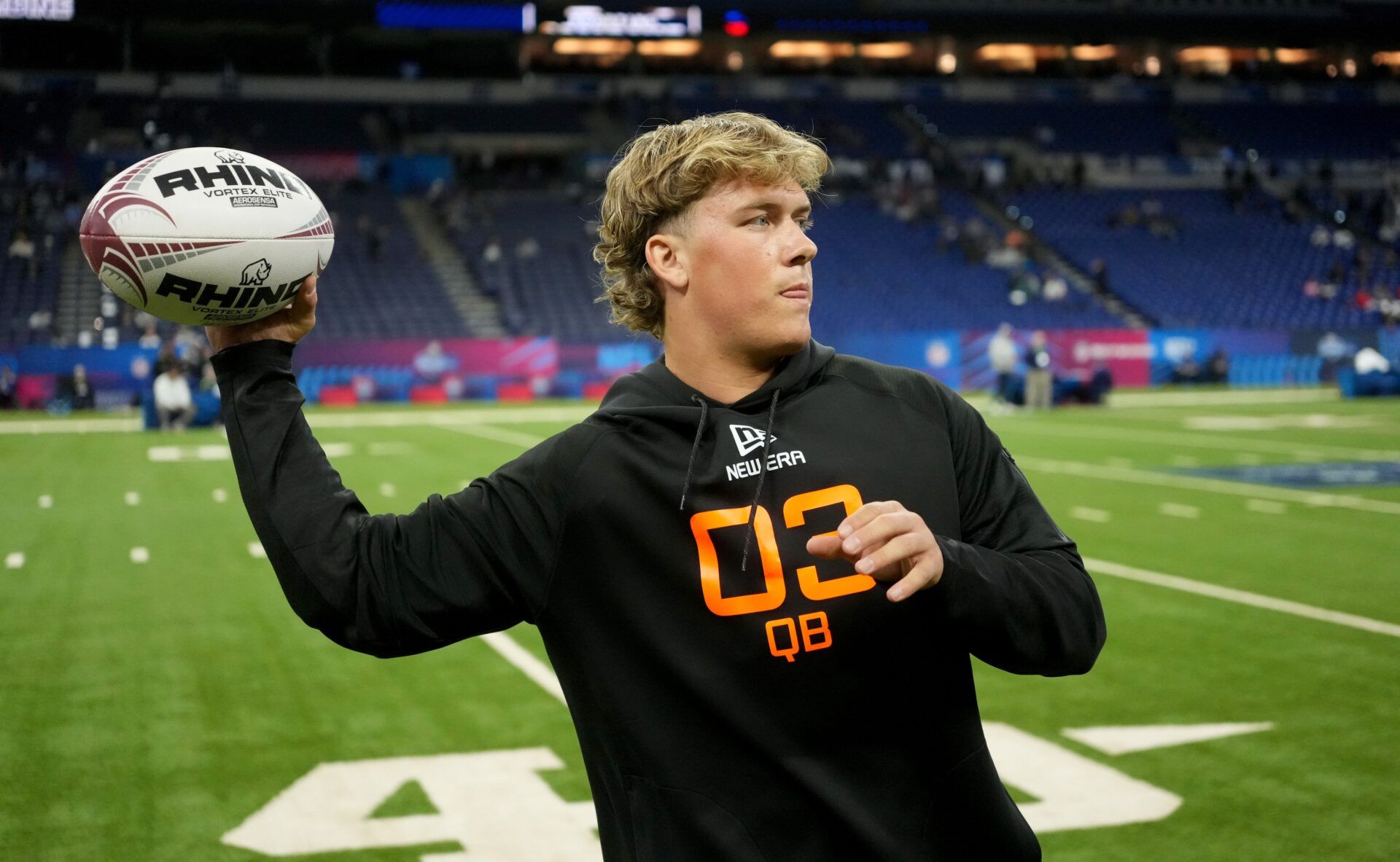 Mississippi quarterback Jaxson Dart (QB03) during the 2025 NFL Combine at Lucas Oil Stadium.