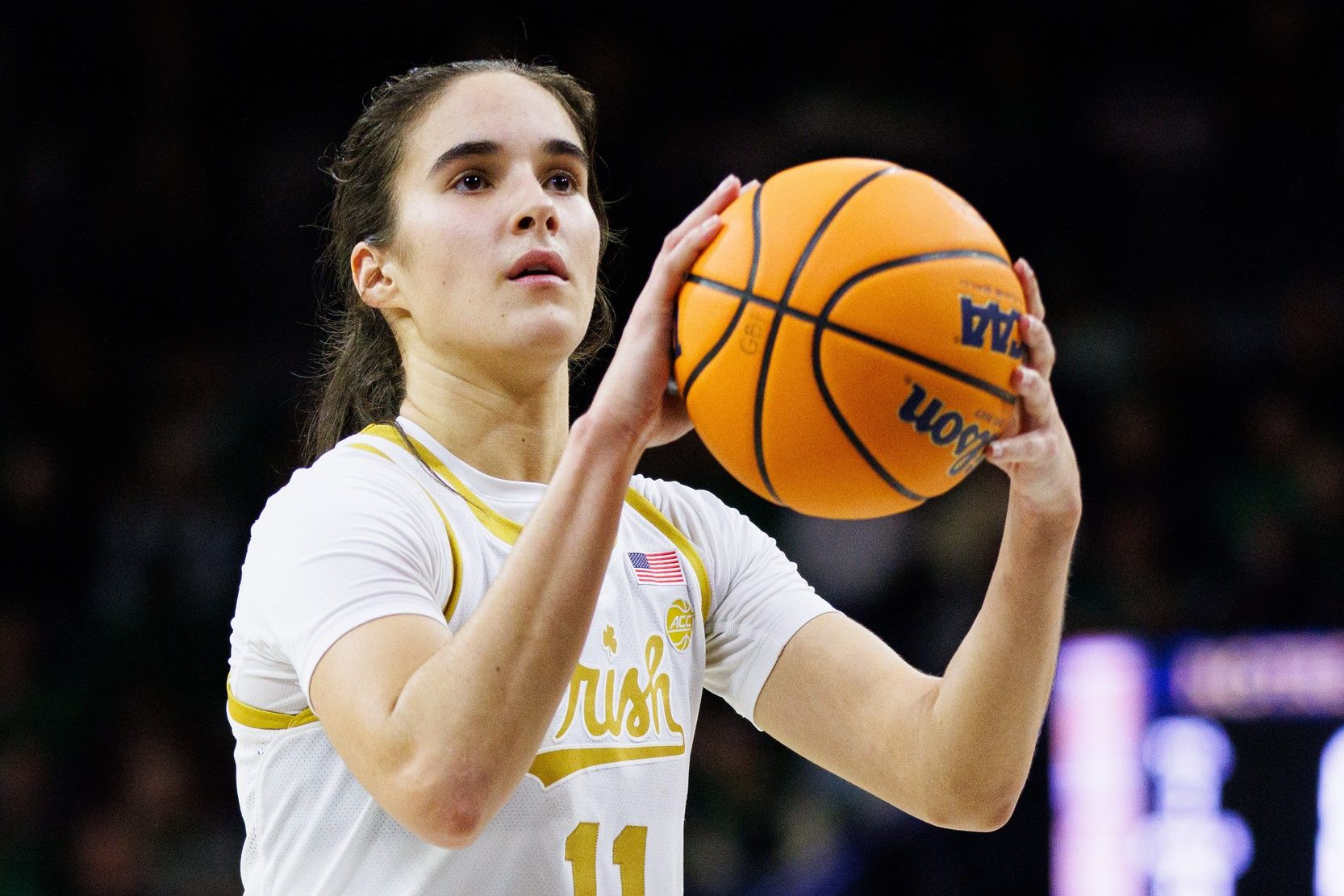 Notre Dame guard Sonia Citron shoots a free throw during a NCAA women's basketball game between Notre Dame and Georgia Tech at Purcell Pavilion on Thursday, Jan. 16, 2025, in South Bend.