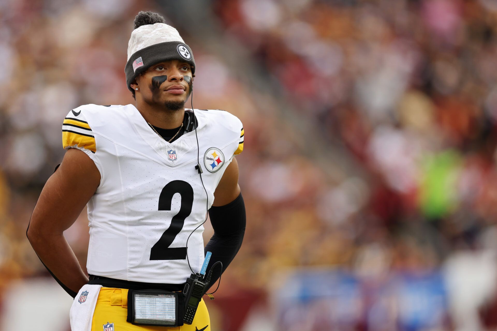 LANDOVER, MARYLAND - NOVEMBER 10: Justin Fields #2 of the Pittsburgh Steelers looks on from the sideline in the second quarter of a game against the Washington Commanders at Northwest Stadium on November 10, 2024 in Landover, Maryland. (Photo by Patrick Smith/Getty Images)
