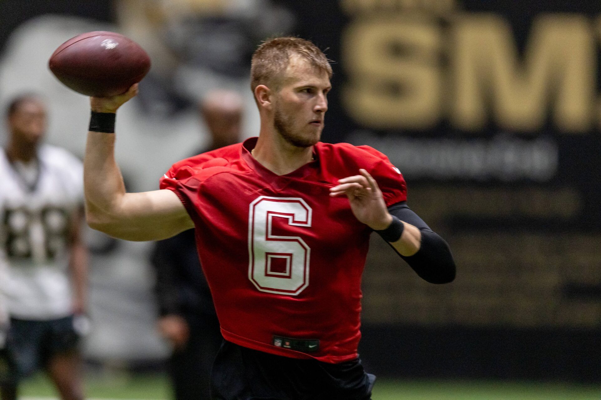 New Orleans Saints quarterback Tyler Shough (6) during rookie minicamp at Ochsner Sports Performance Center.