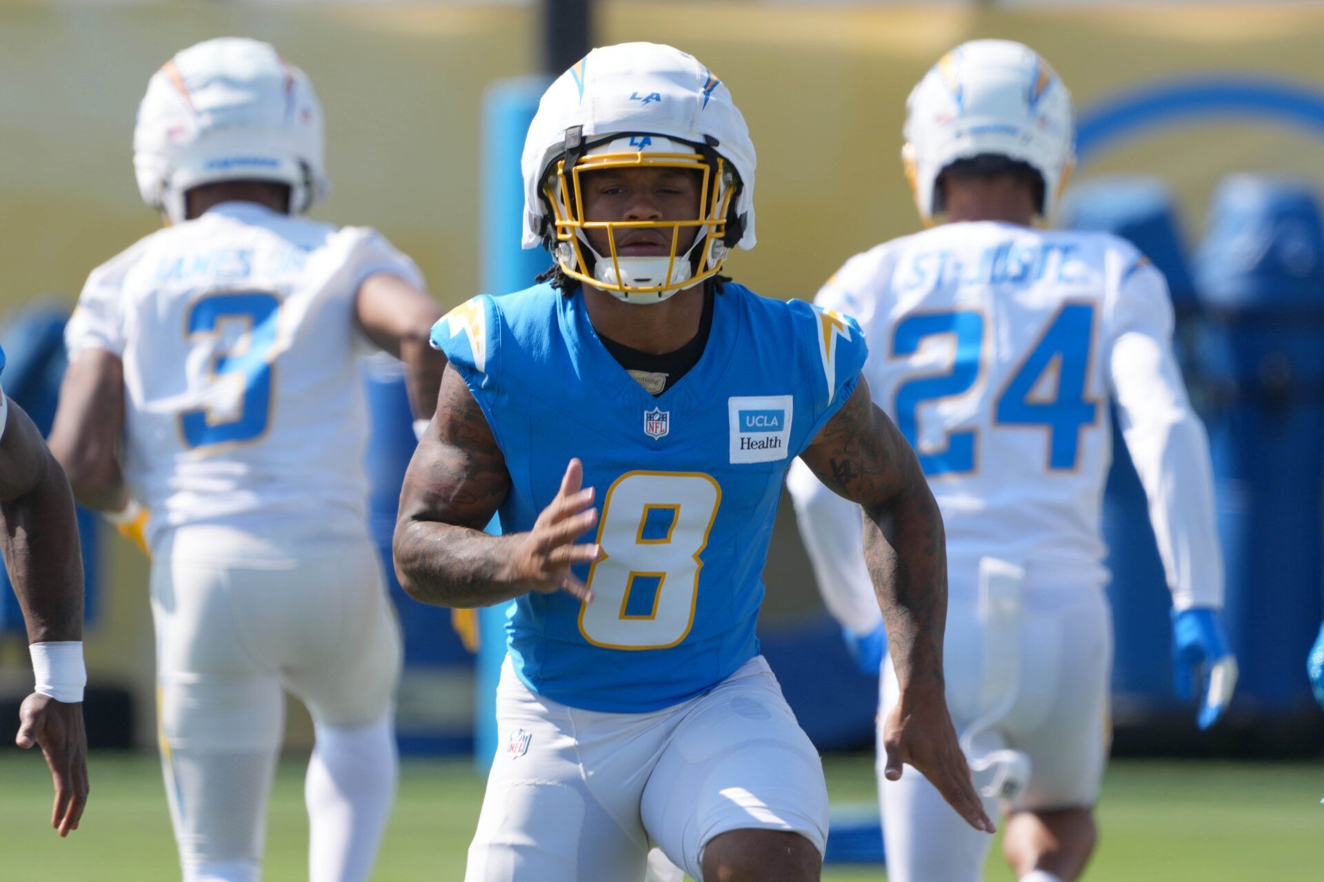 Los Angeles Chargers running back Omarion Hampton (8) during training camp at The Bolt.