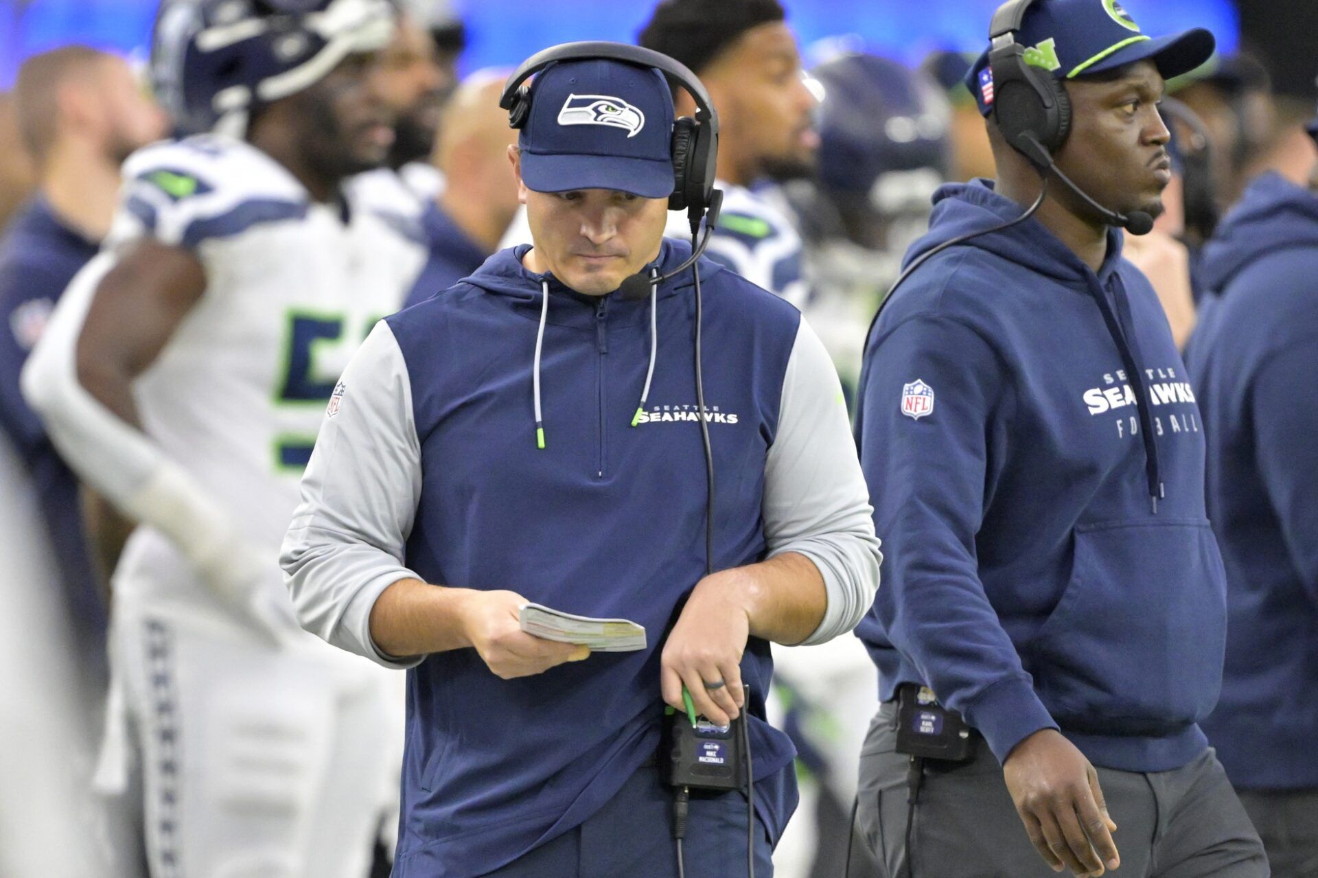 Los Angeles Rams head coach Mike Macdonald on the sidelines in the fourth quarter of the game against the Los Angeles Rams at SoFi Stadium.