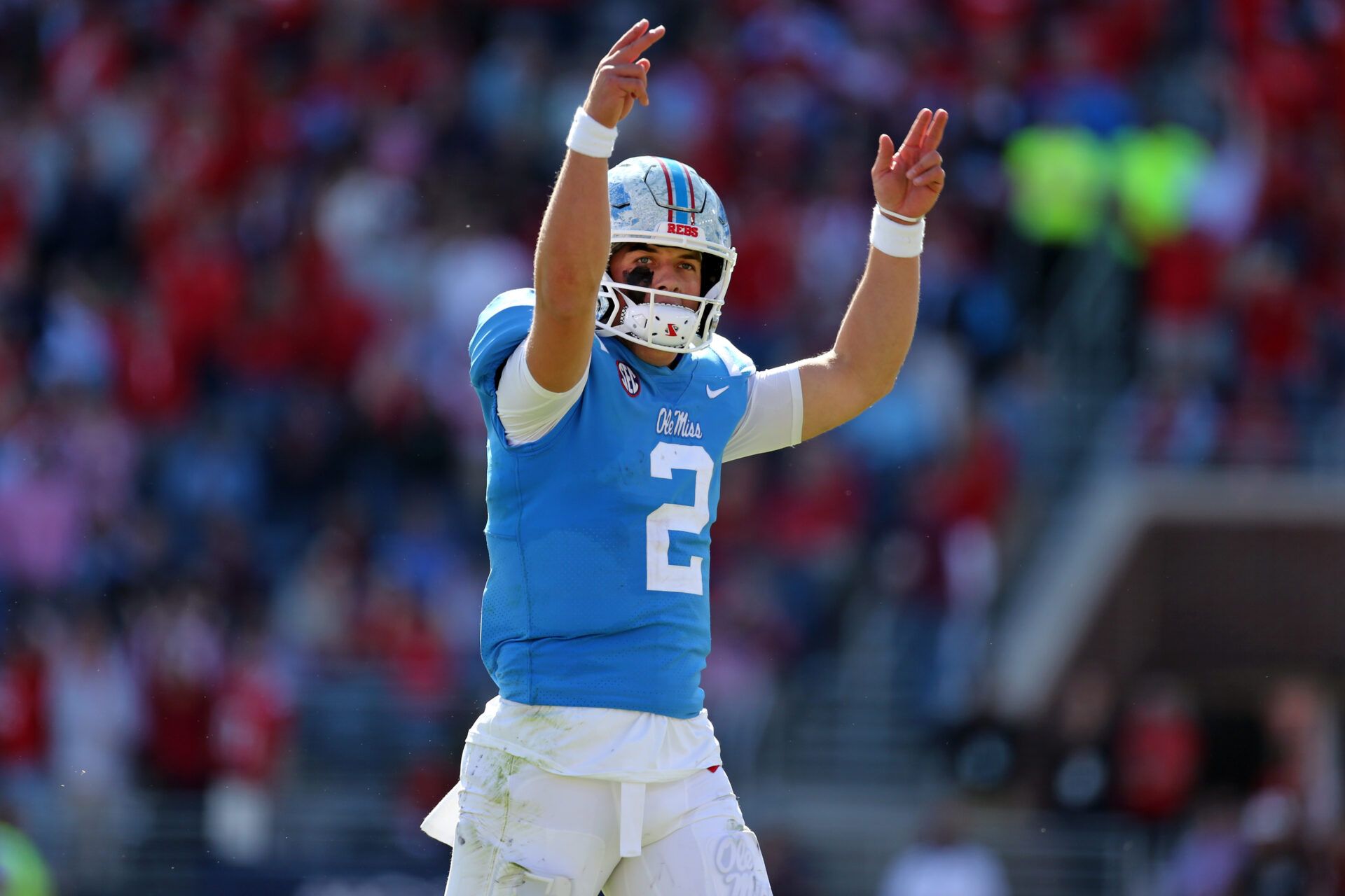 Nov 4, 2023; Oxford, Mississippi, USA; Mississippi Rebels quarterback Jaxson Dart (2) reacts during the second half against the Texas A&M Aggies at Vaught-Hemingway Stadium. Mandatory Credit: Petre Thomas-USA TODAY Sports