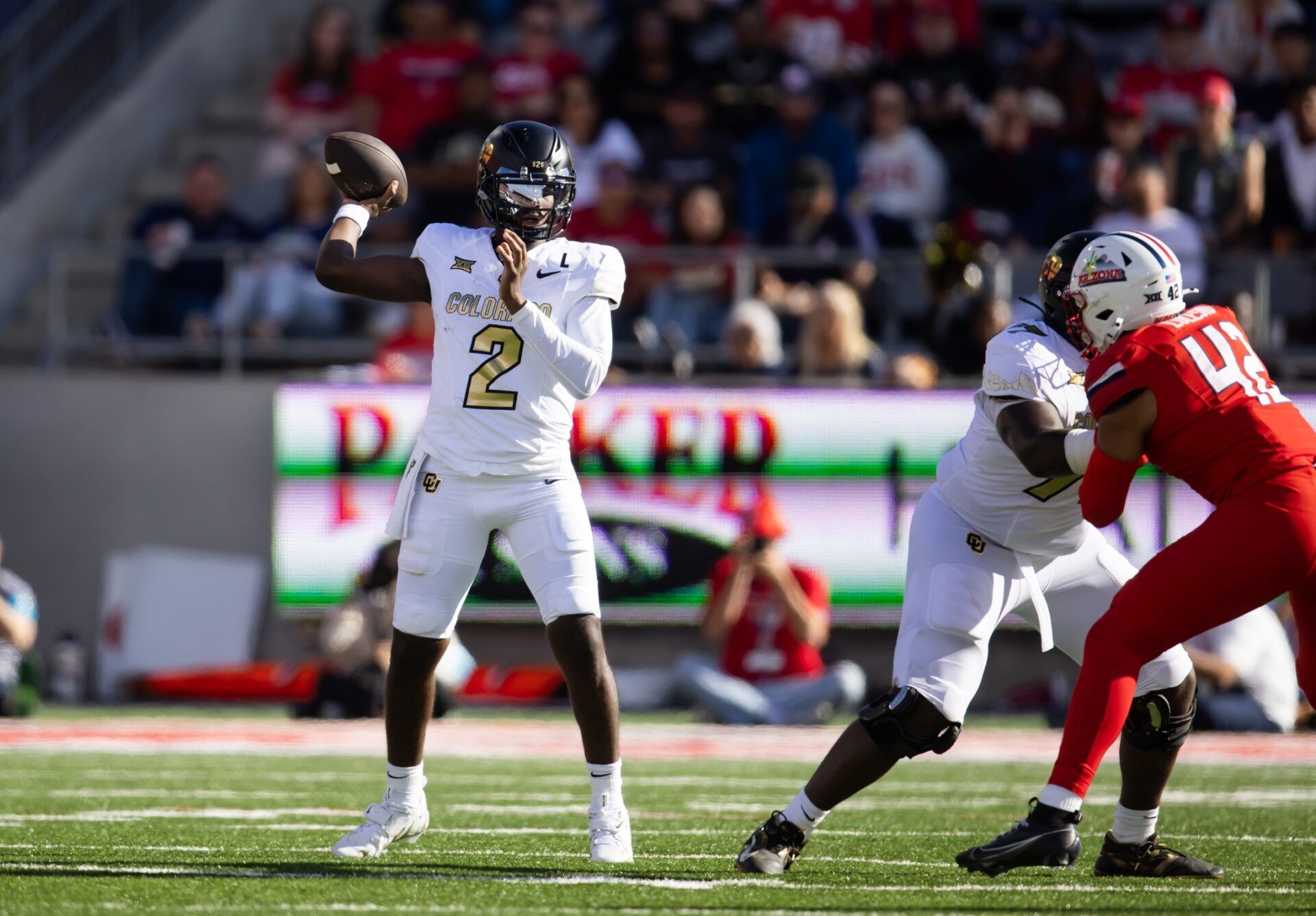 Colorado Buffalos quarterback Shedeur Sanders (2) against the Arizona Wildcats at Arizona Stadium.