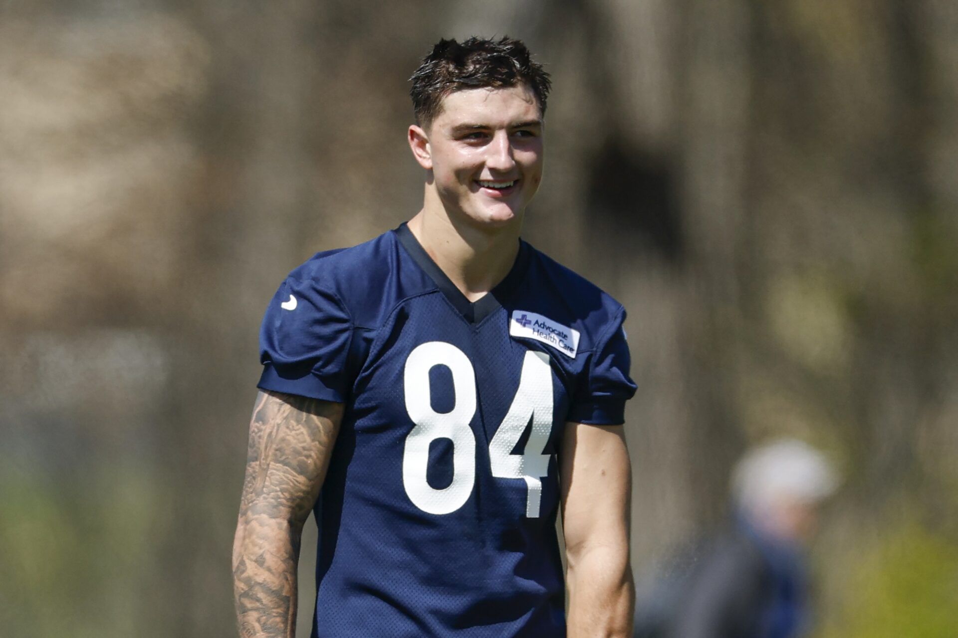 Chicago Bears tight end Colston Loveland (84) smiles during the Rookie Minicamp at Halas Hall.