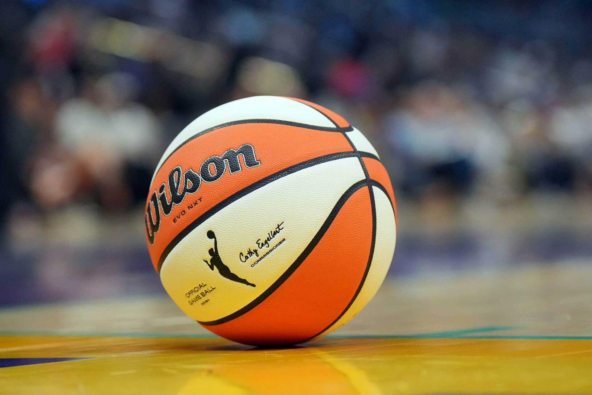 Detailed view of Wilson official WNBA Evo NXT basketball at Crypto.com Arena.