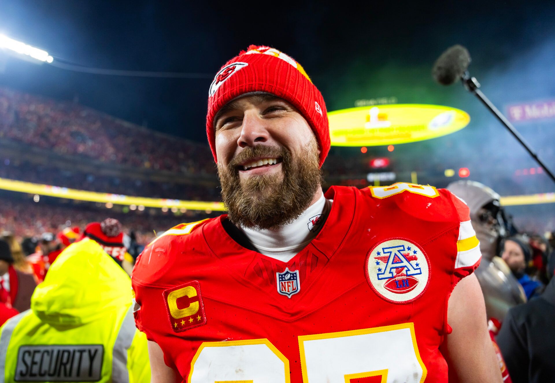 Jan 26, 2025; Kansas City, MO, USA; Kansas City Chiefs tight end Travis Kelce (87) celebrates after defeating the Buffalo Bills during the AFC Championship game at GEHA Field at Arrowhead Stadium. Mandatory Credit: Mark J. Rebilas-Imagn Images