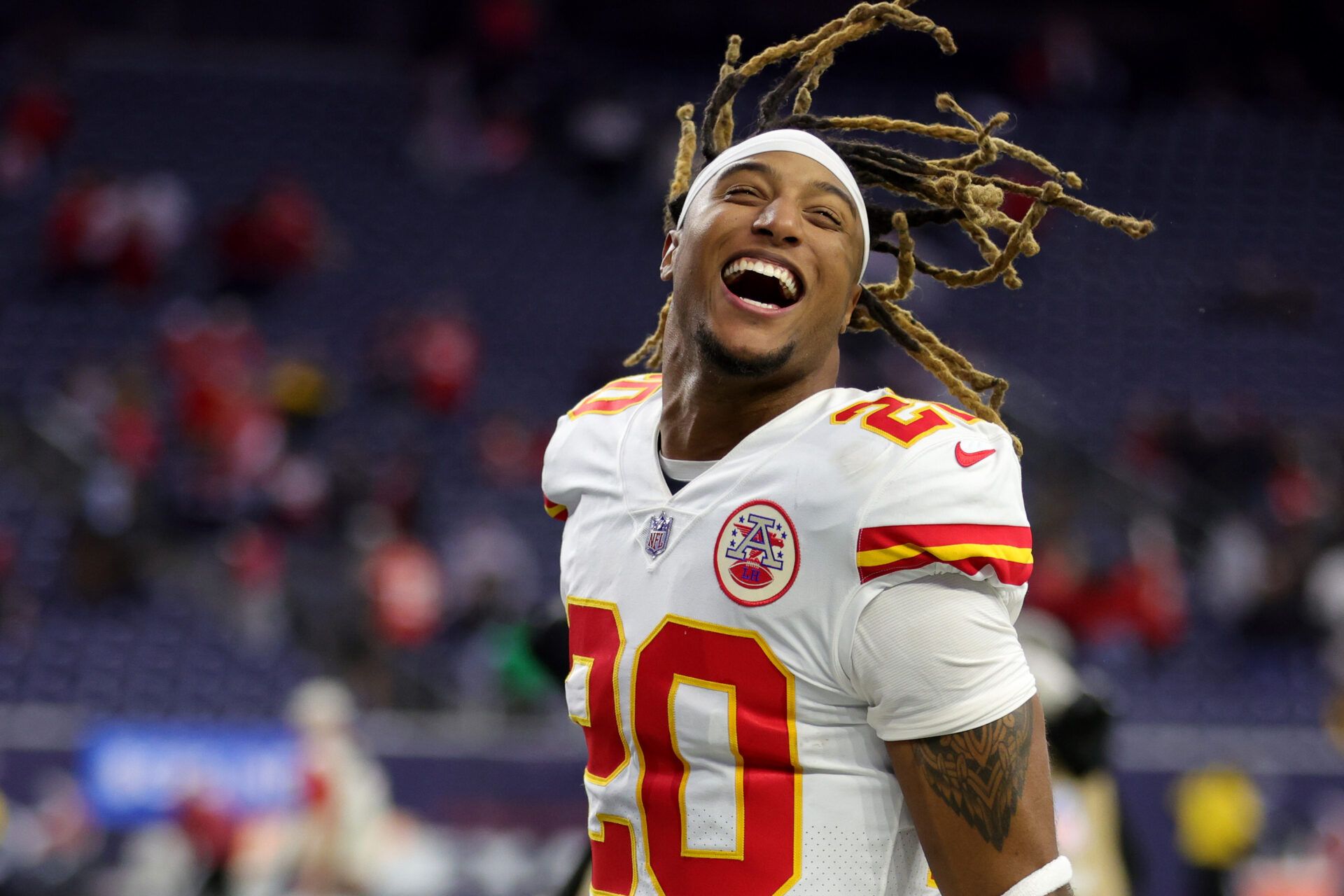 HOUSTON, TEXAS - DECEMBER 18: Justin Reid #20 of the Kansas City Chiefs celebrates after a game against the Houston Texans at NRG Stadium on December 18, 2022 in Houston, Texas. (Photo by Carmen Mandato/Getty Images)
