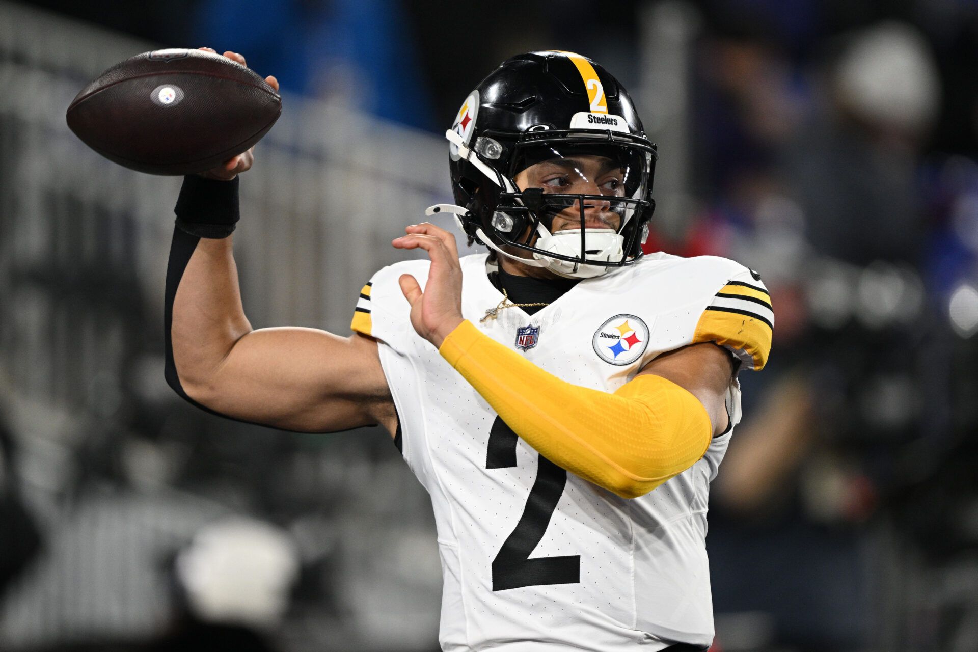Jan 11, 2025; Baltimore, Maryland, USA; Pittsburgh Steelers quarterback Justin Fields (2) warms up before an AFC wild card game against the Baltimore Ravens at M&T Bank Stadium. Mandatory Credit: Tommy Gilligan-Imagn Images