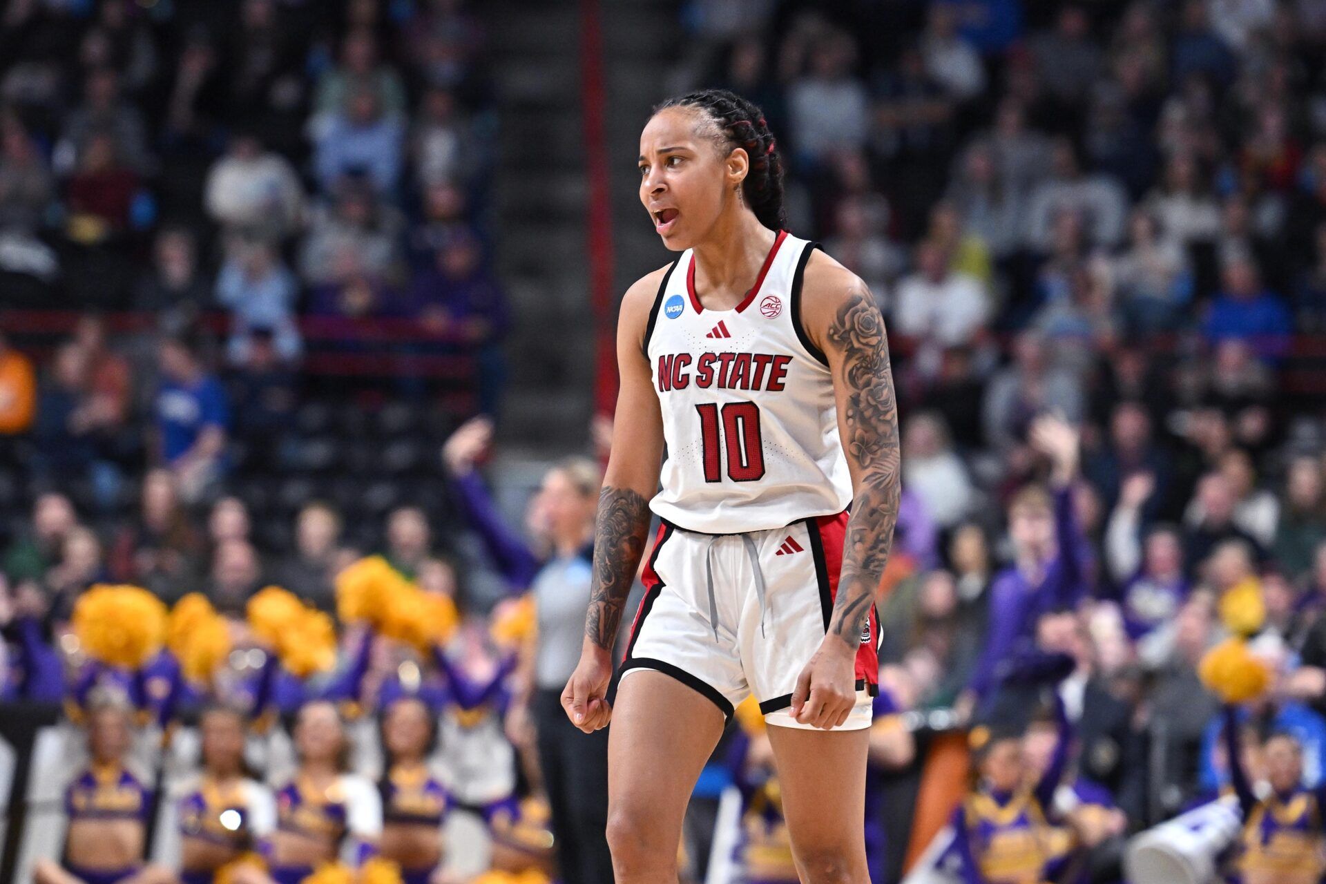 NC State Wolfpack guard Aziaha James (10) races after play against the LSU Lady Tigers during the second half of a Sweet 16 NCAA Tournament basketball game at Spokane Arena.
