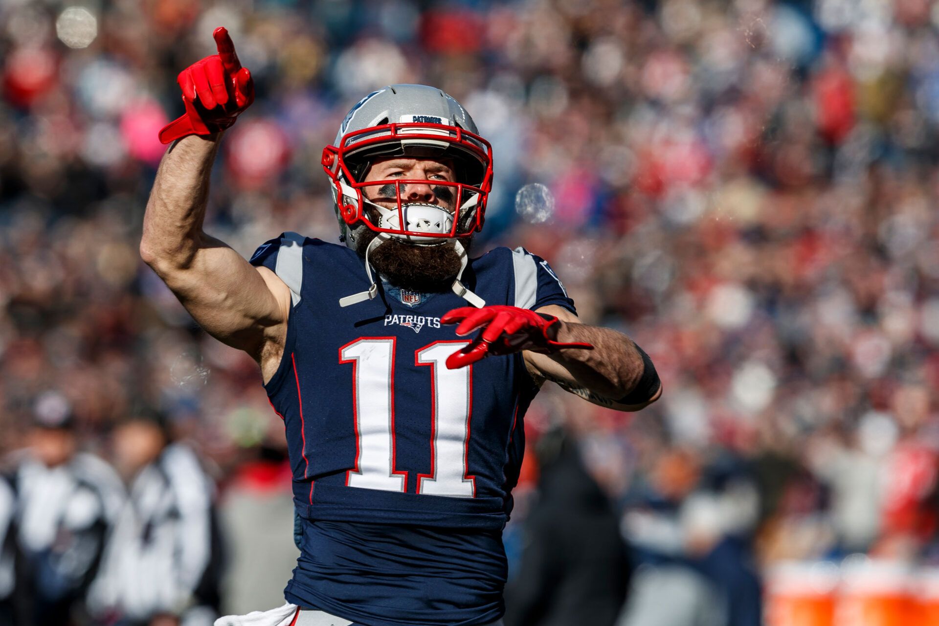 Jan 13, 2019; Foxborough, MA, USA; New England Patriots wide receiver Julian Edelman (11) reacts during warmups before a game against the Los Angeles Chargers in an AFC Divisional playoff football game at Gillette Stadium. Mandatory Credit: David Butler II-USA TODAY Sports