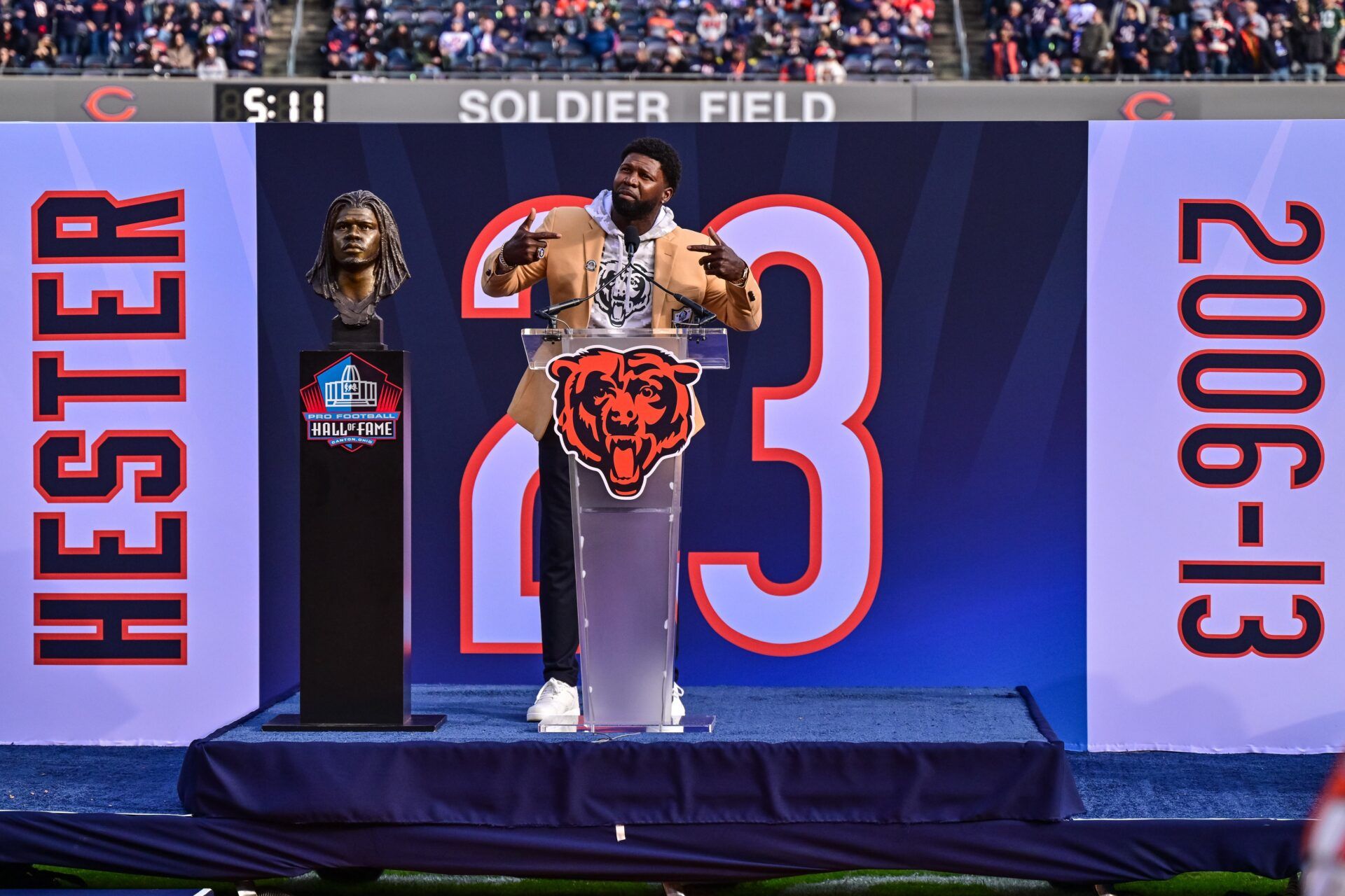 Hall of Fame former player Devin Hester receives a Ring of Excellence at half time of the game between the Chicago Bears and the Green Bay Packers at Soldier Field.