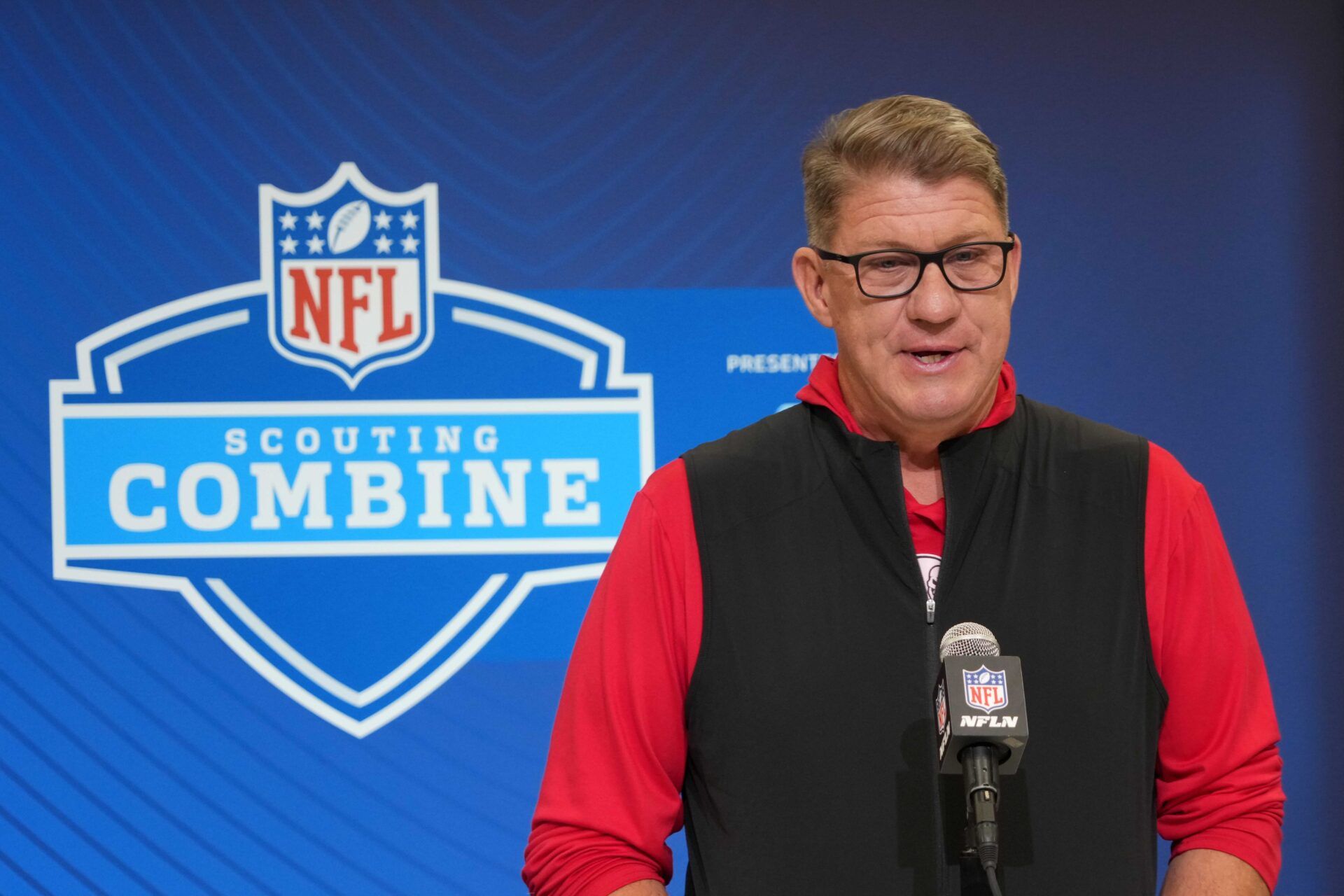 Tampa Bay Buccaneers general manager Jason Licht speaks during the NFL Scouting Combine at the Indiana Convention Center.