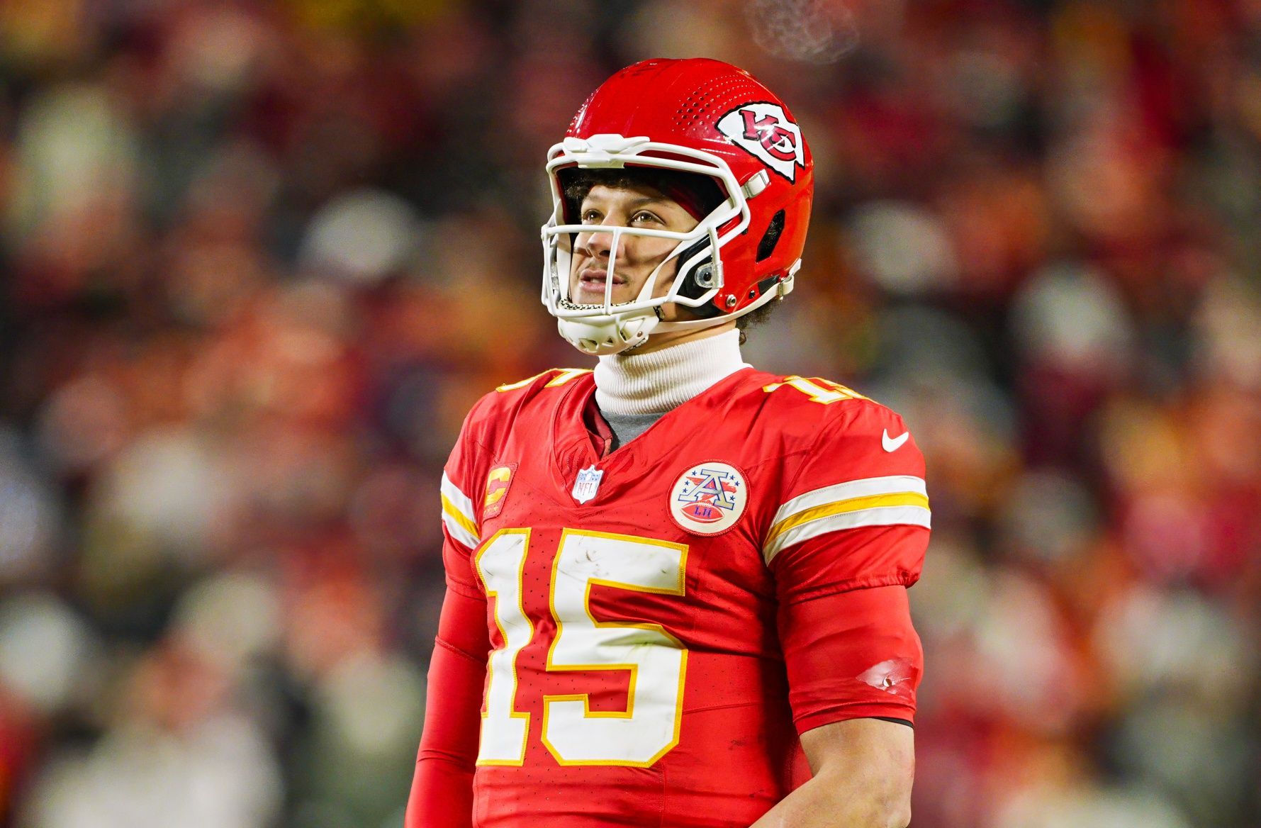 Kansas City Chiefs quarterback Patrick Mahomes (15) reacts during the second half against Houston Texans in a 2025 AFC divisional round game at GEHA Field at Arrowhead Stadium.