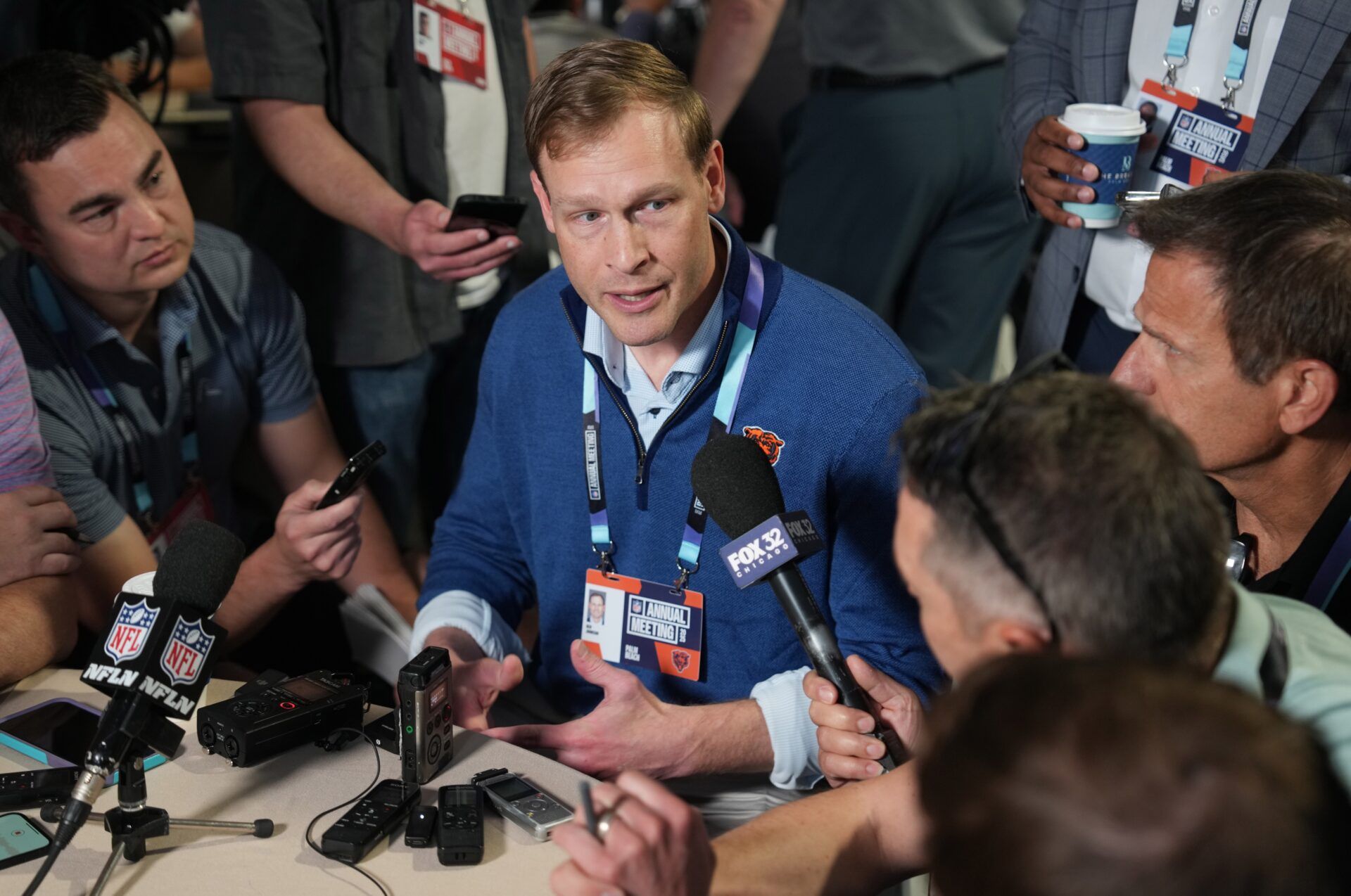 Chicago Bears head coach Ben Johnson answers questions from the media during the NFL Annual League Meeting at The Breakers.