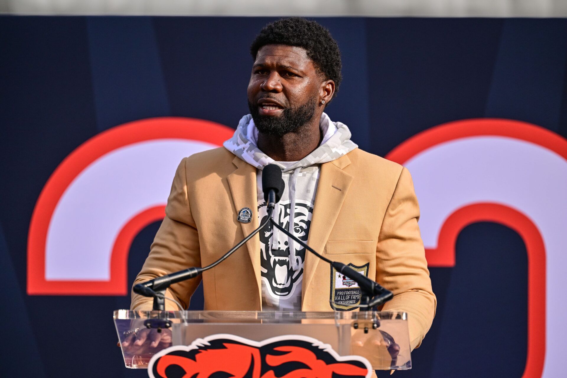 Hall of Fame former player Devin Hester receives a Ring of Excellence at half time of the game between the Chicago Bears and the Green Bay Packers at Soldier Field.