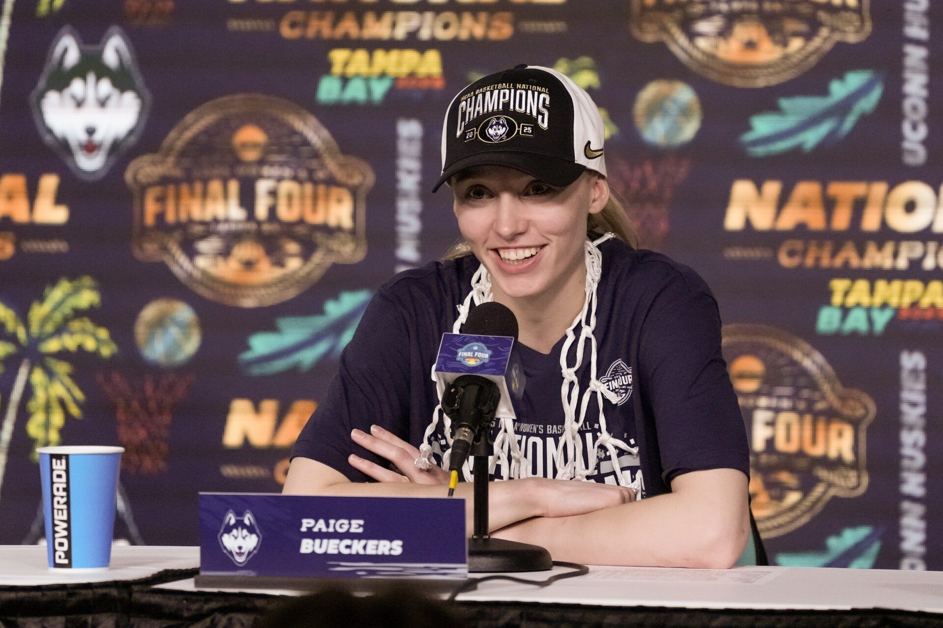 Connecticut Huskies guard Paige Bueckers (5) speaks to the media after the national championship of the women's 2025 NCAA tournament against the South Carolina Gamecocks at Amalie Arena.