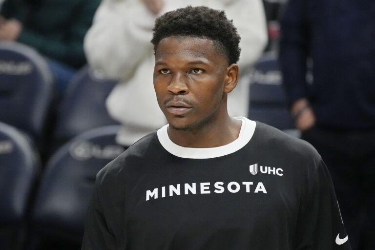 Minnesota Timberwolves guard Anthony Edwards (5) prepares to play the Brooklyn Nets before the game at Target Center.