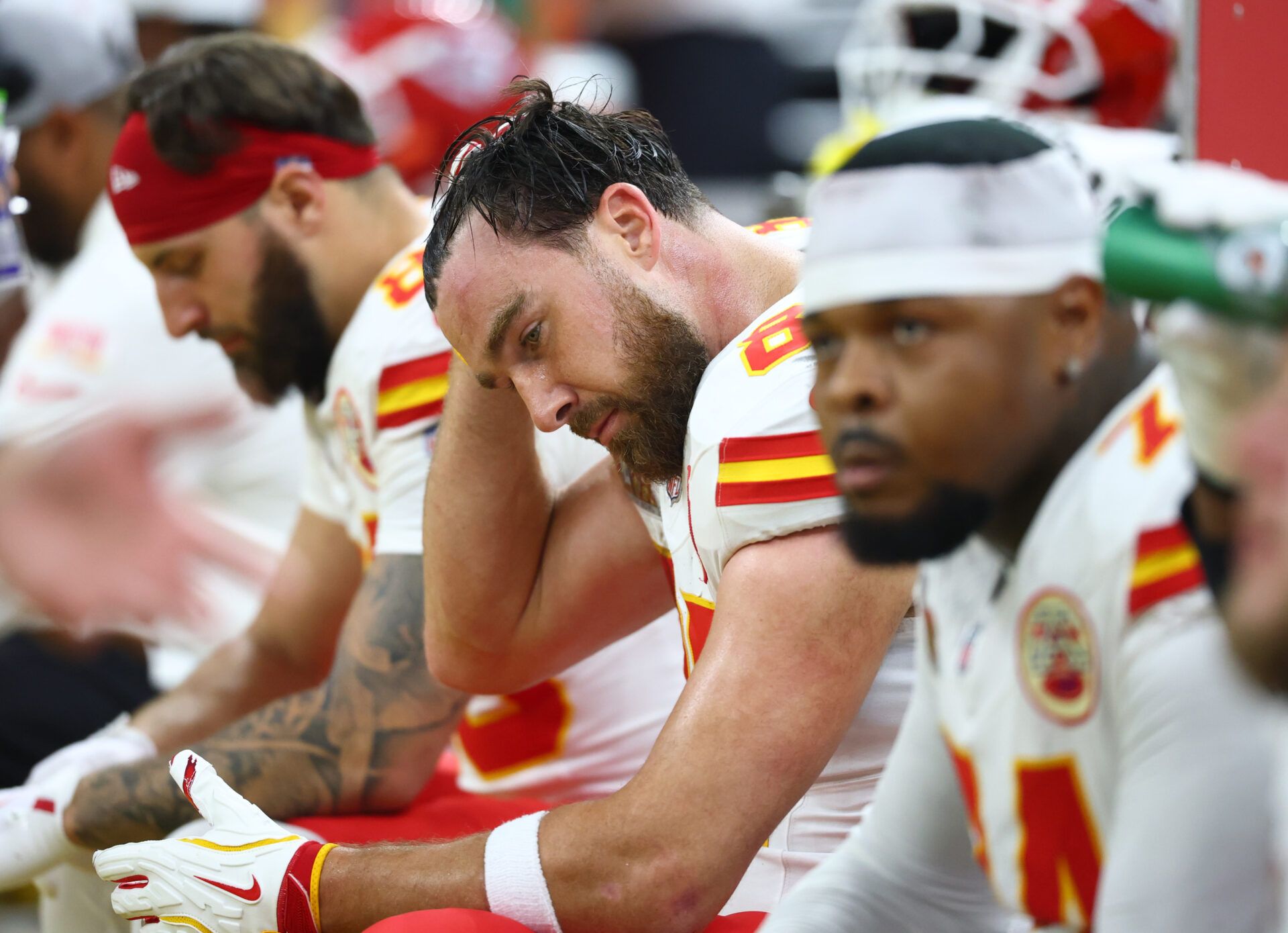 Feb 9, 2025; New Orleans, LA, USA; Kansas City Chiefs tight end Travis Kelce (87) reacts on the sideline in the third quarter against the Philadelphia Eagles in Super Bowl LIX at Ceasars Superdome. Mandatory Credit: Mark J. Rebilas-Imagn Images