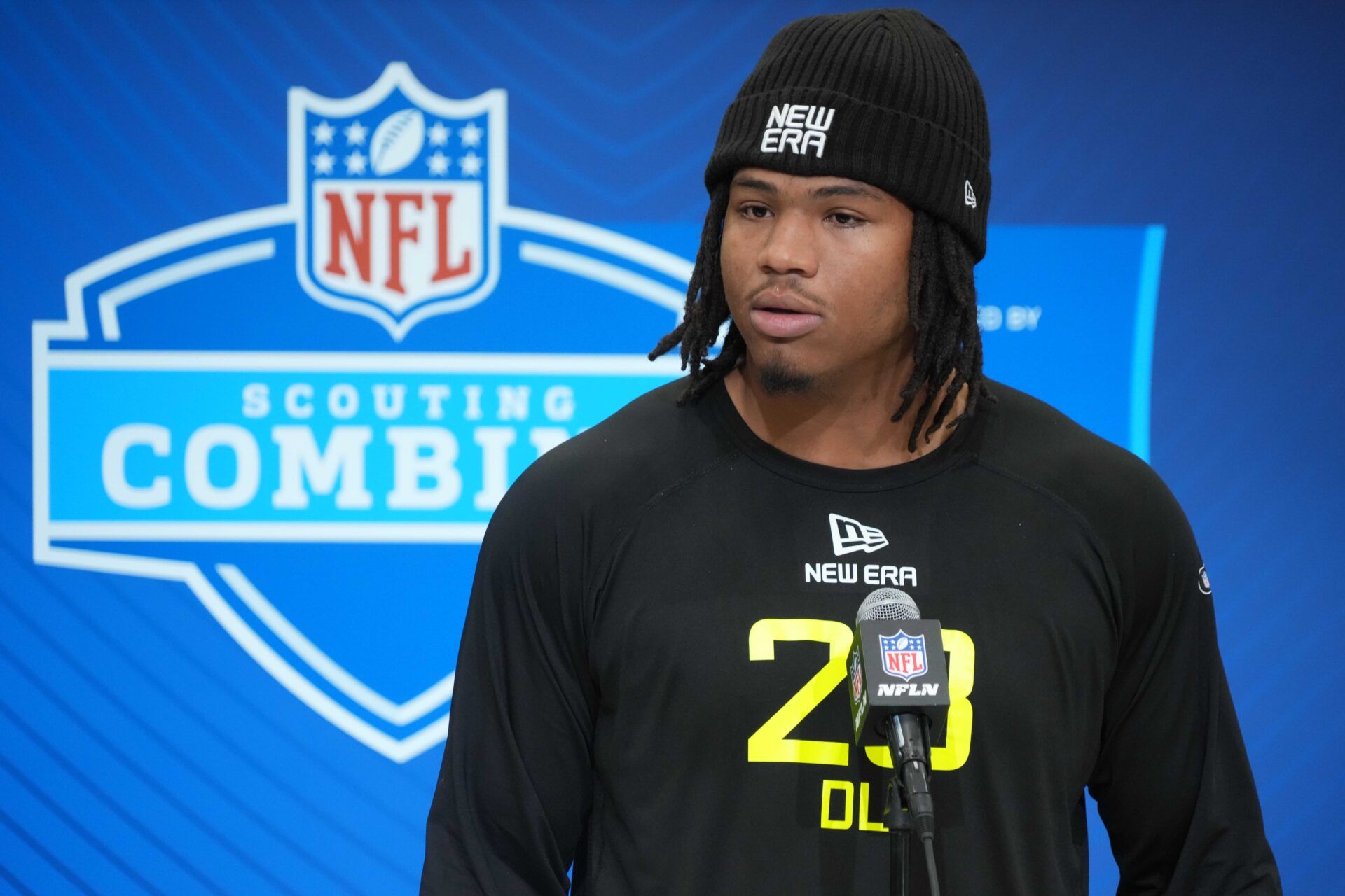 Feb 26, 2025; Indianapolis, IN, USA; Mississippi defensive lineman Walter Nolen (DL23) during the 2025 NFL Scouting Combine at the Indiana Convention Center. Mandatory Credit: Kirby Lee-Imagn Images
