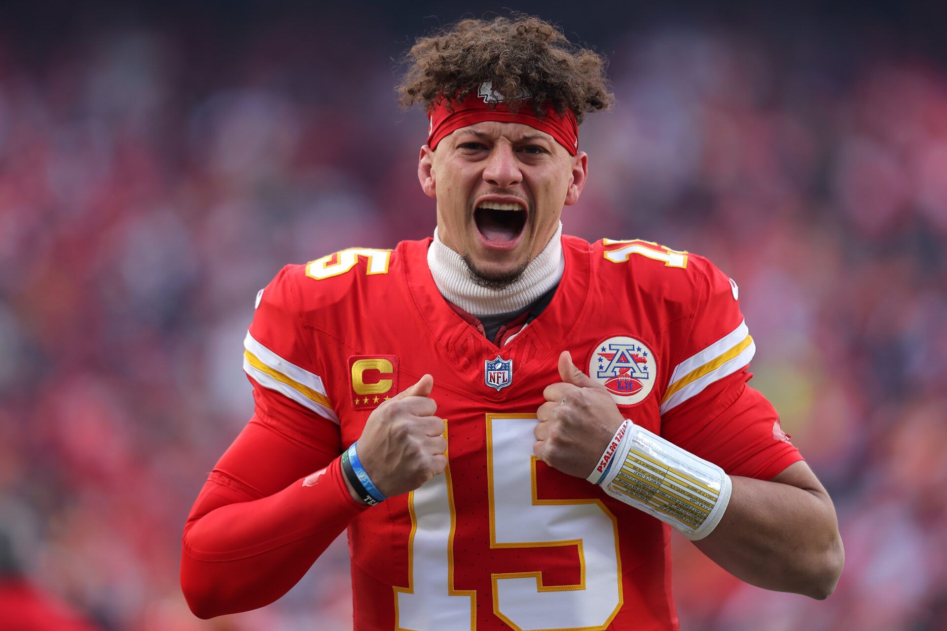 KANSAS CITY, MISSOURI - JANUARY 18: Patrick Mahomes #15 of the Kansas City Chiefs reacts prior to the AFC Divisional Playoff against the Houston Texans at GEHA Field at Arrowhead Stadium on January 18, 2025 in Kansas City, Missouri. (Photo by David Eulitt/Getty Images)
