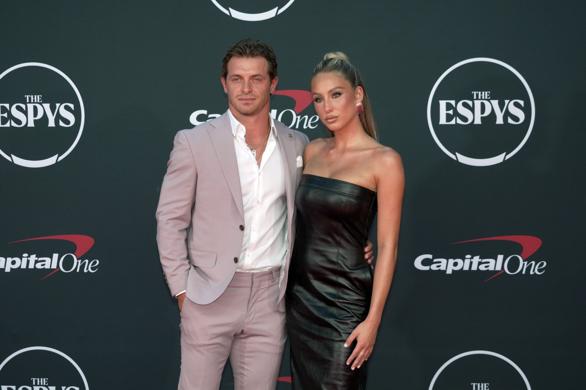 Jul 12, 2023; Los Angeles, CA, USA; Alix Earle arrives with Braxton Berrios on the red carpet before the 2023 ESPYS at the Dolby Theatre. Mandatory Credit: Kirby Lee-USA TODAY Sports