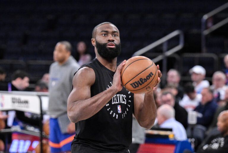 Boston Celtics guard Jaylen Brown (7) warms up before a game against the New York Knicks at Madison Square Garden. Mandatory Credit: John Jones-Imagn Images