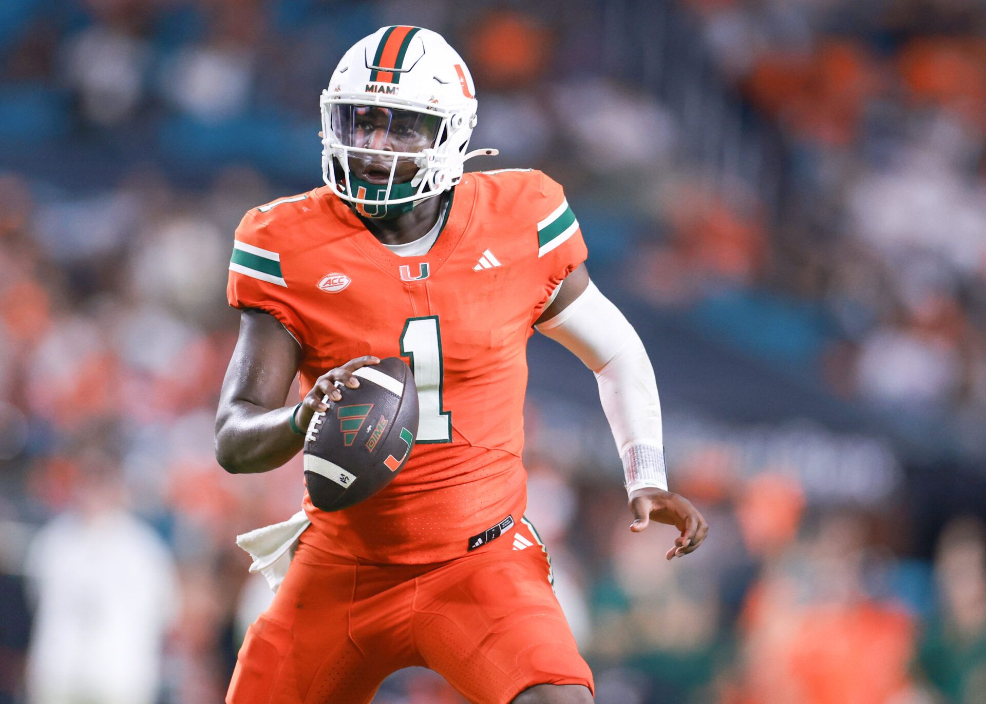 MIAMI GARDENS, FLORIDA - SEPTEMBER 07: Quarterback Cam Ward #1 of the Miami Hurricanes in action against the Florida A&M Rattlers during the second half at Hard Rock Stadium on September 07, 2024 in Miami Gardens, Florida. (Photo by Carmen Mandato/Getty Images)