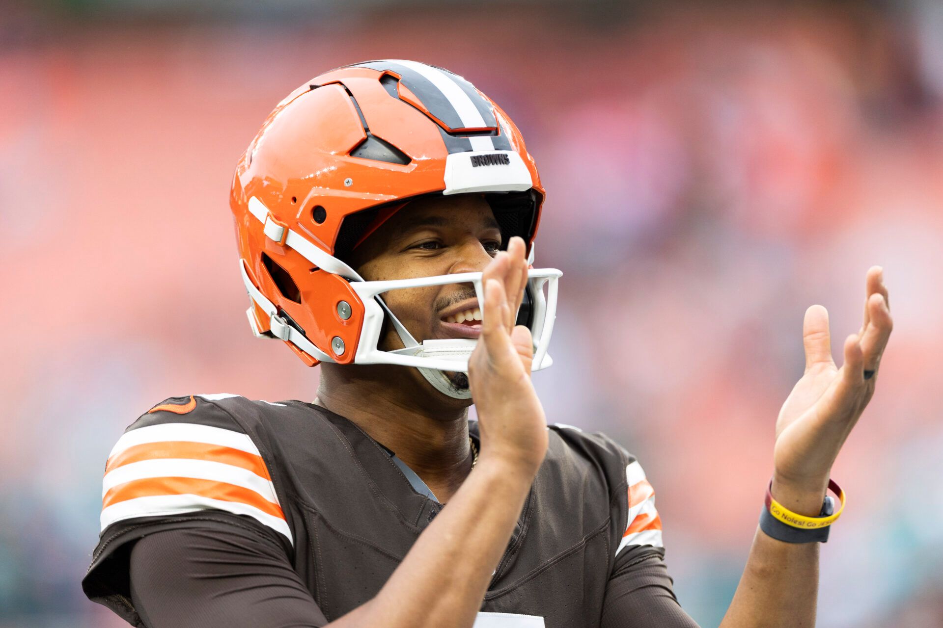 Dec 29, 2024; Cleveland, Ohio, USA; Cleveland Browns quarterback Jameis Winston (5) claps as they take the field for warm ups before the game against the Miami Dolphins at Huntington Bank Field. Mandatory Credit: Scott Galvin-Imagn Images