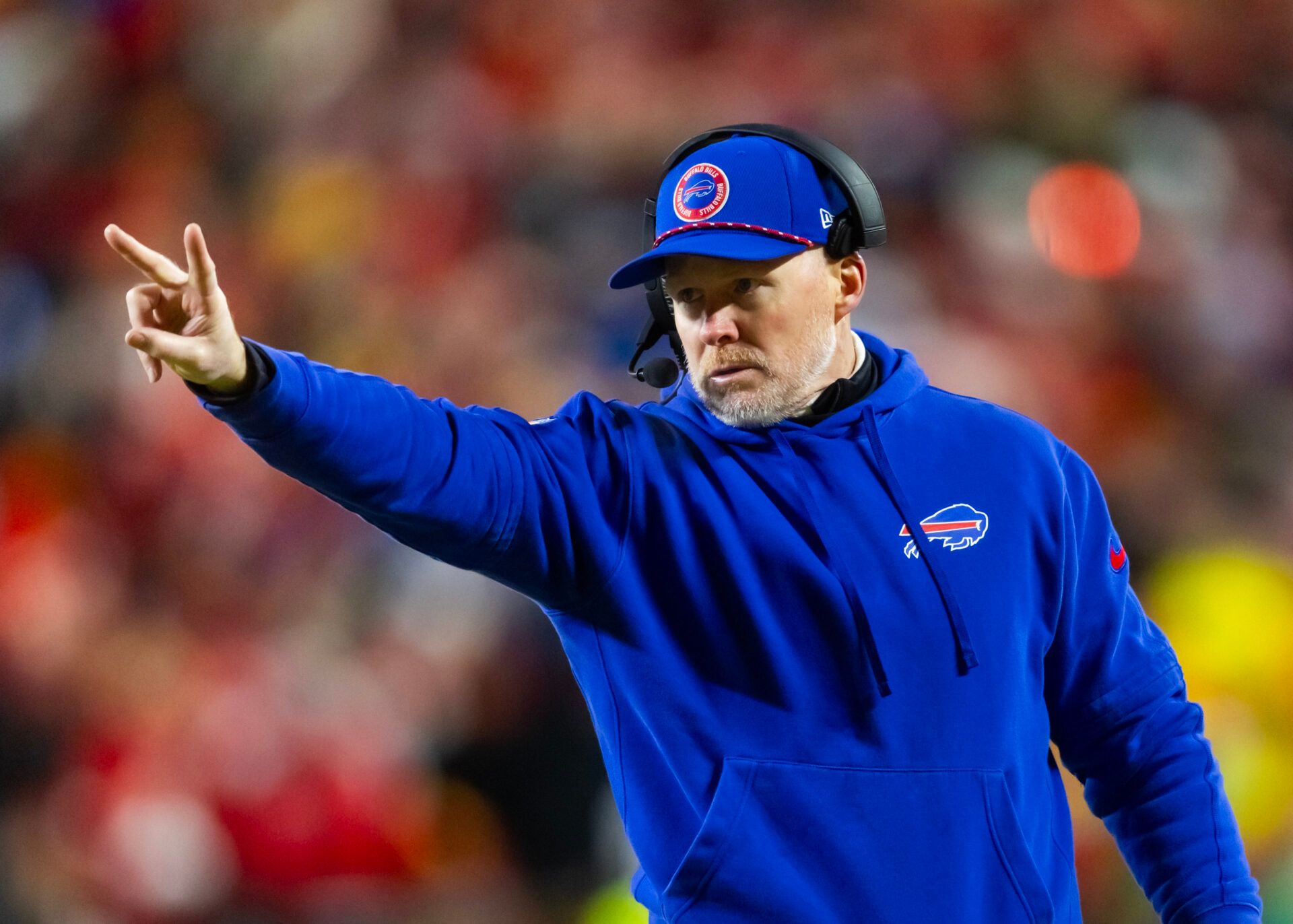 Jan 26, 2025; Kansas City, MO, USA; Buffalo Bills head coach Sean McDermott against the Kansas City Chiefs during the AFC Championship game at GEHA Field at Arrowhead Stadium. Mandatory Credit: Mark J. Rebilas-Imagn Images