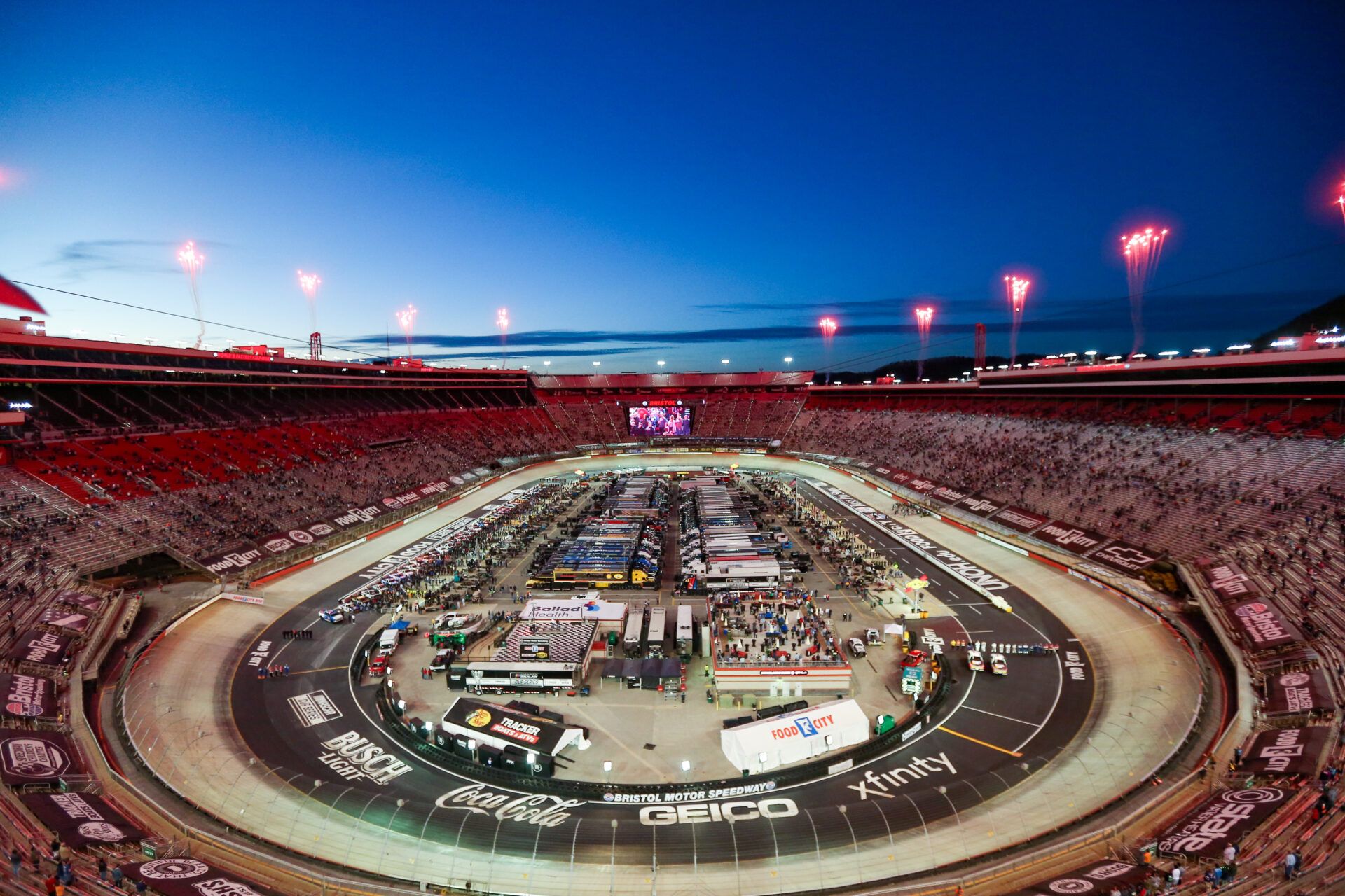 Mar 16, 2024; Bristol, Tennessee, USA; General view before the start of the NASCAR Weather Guard truck race at Bristol Motor Speedway. Mandatory Credit: Randy Sartin-USA TODAY Sports