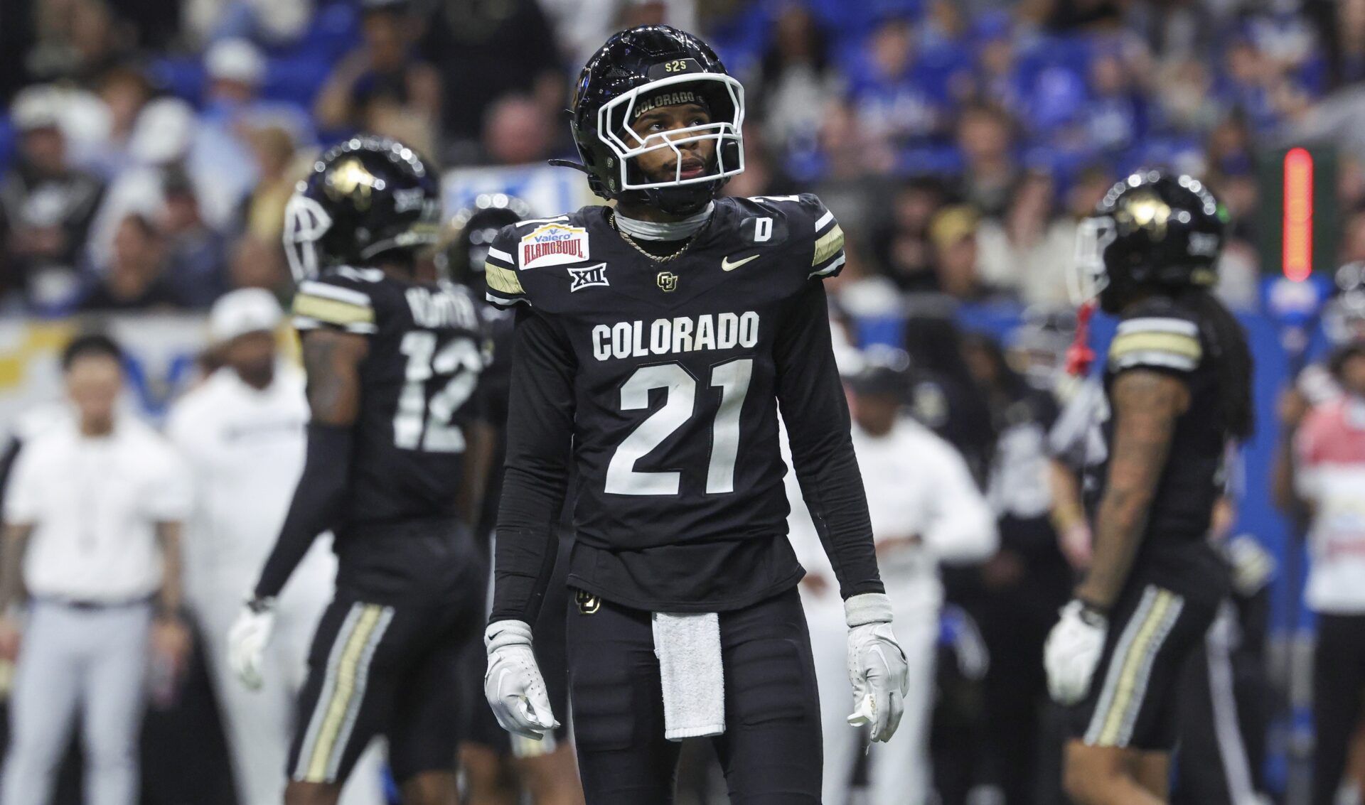Colorado Buffaloes safety Shilo Sanders (21) looks up during the fourth quarter against the Brigham Young Cougars at Alamodome.