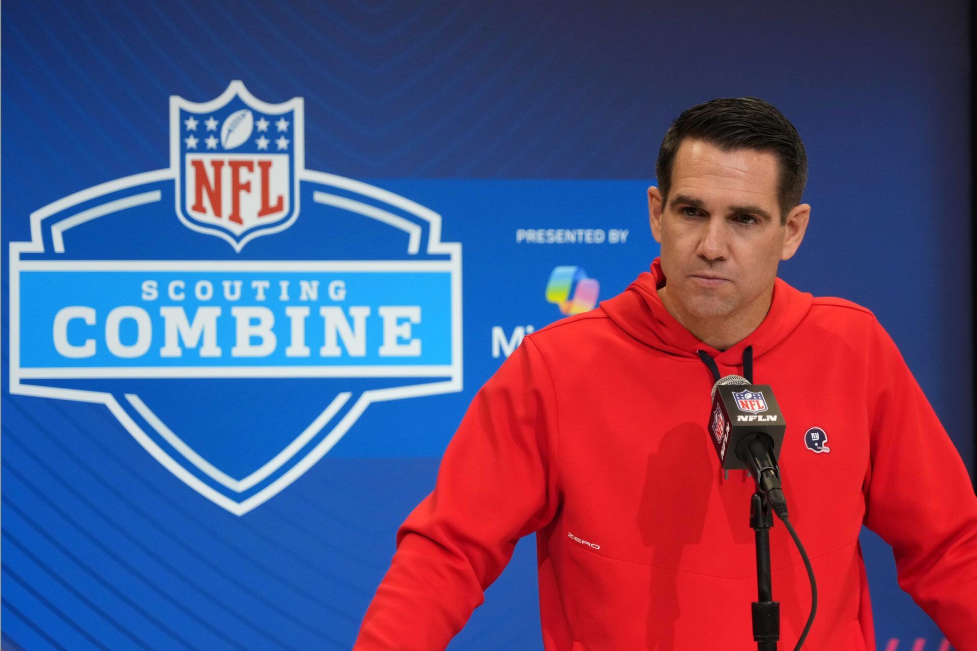 New York Giants general manager Joe Schoen speaks during the NFL Scouting Combine at the Indiana Convention Center.