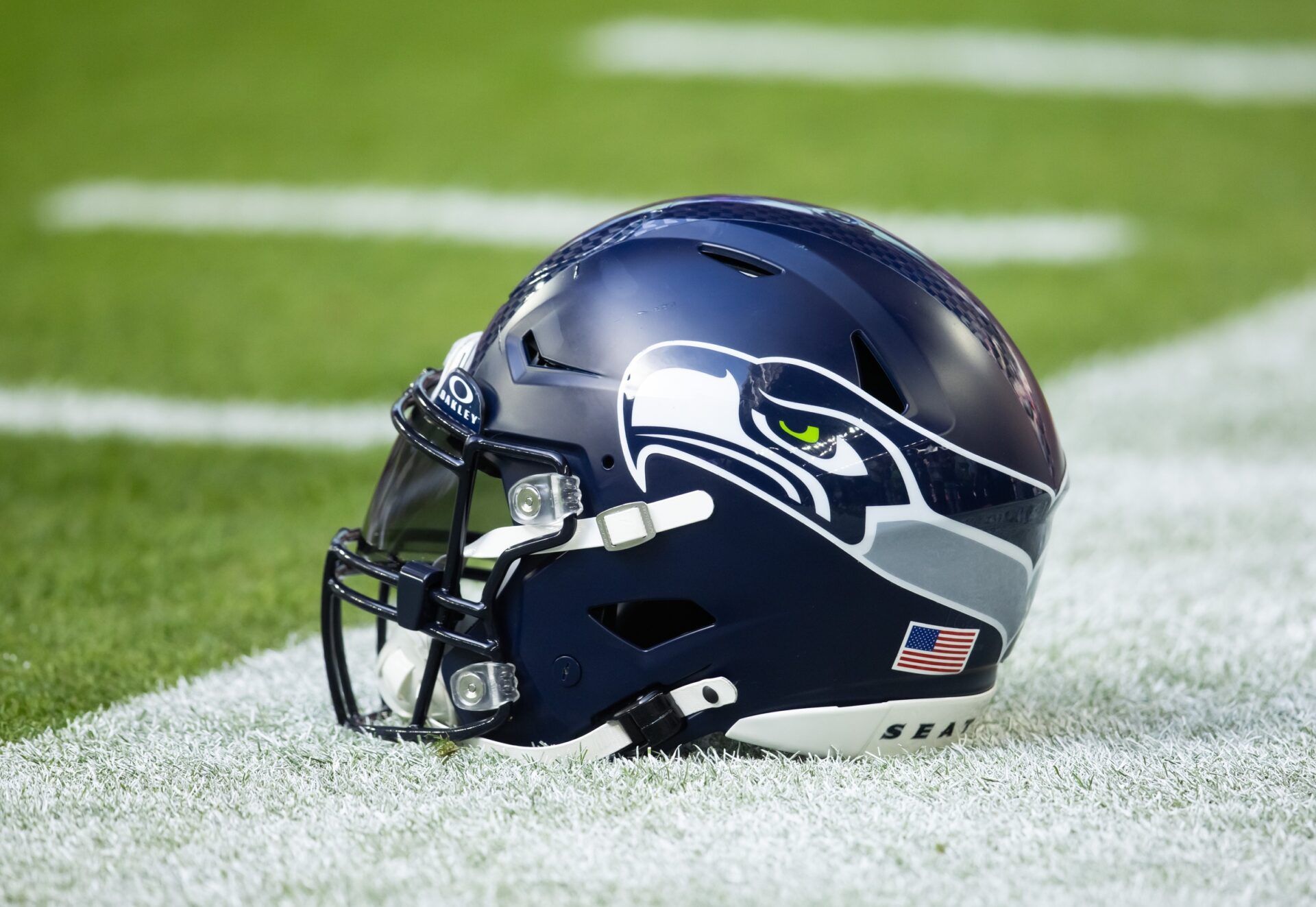 Detailed view of a Seattle Seahawks helmet at State Farm Stadium