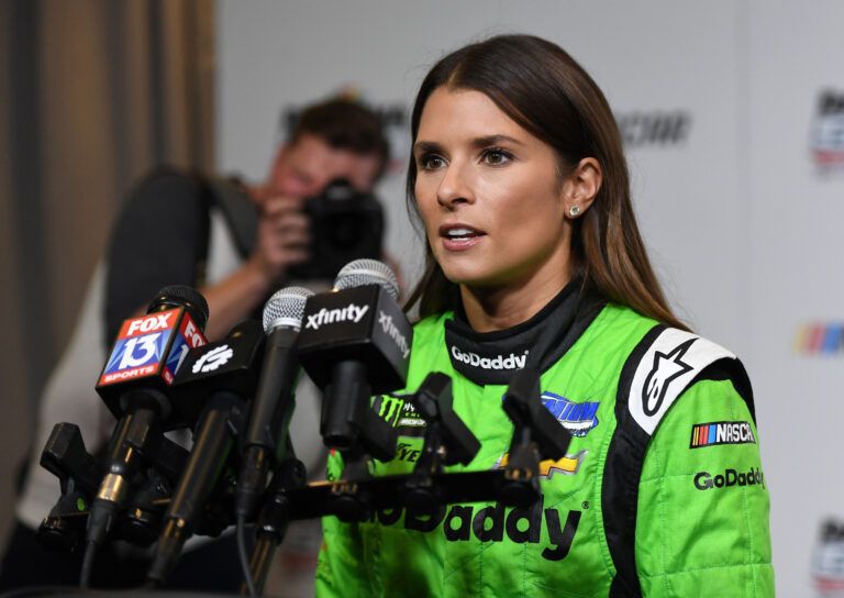 Feb 14, 2018; Daytona Beach, FL, USA; NASCAR Cup Series driver Danica Patrick (7) speaks to reporters during Daytona 500 Media Day at Daytona 500 Club. Mandatory Credit: Mike DiNovo-USA TODAY Sports