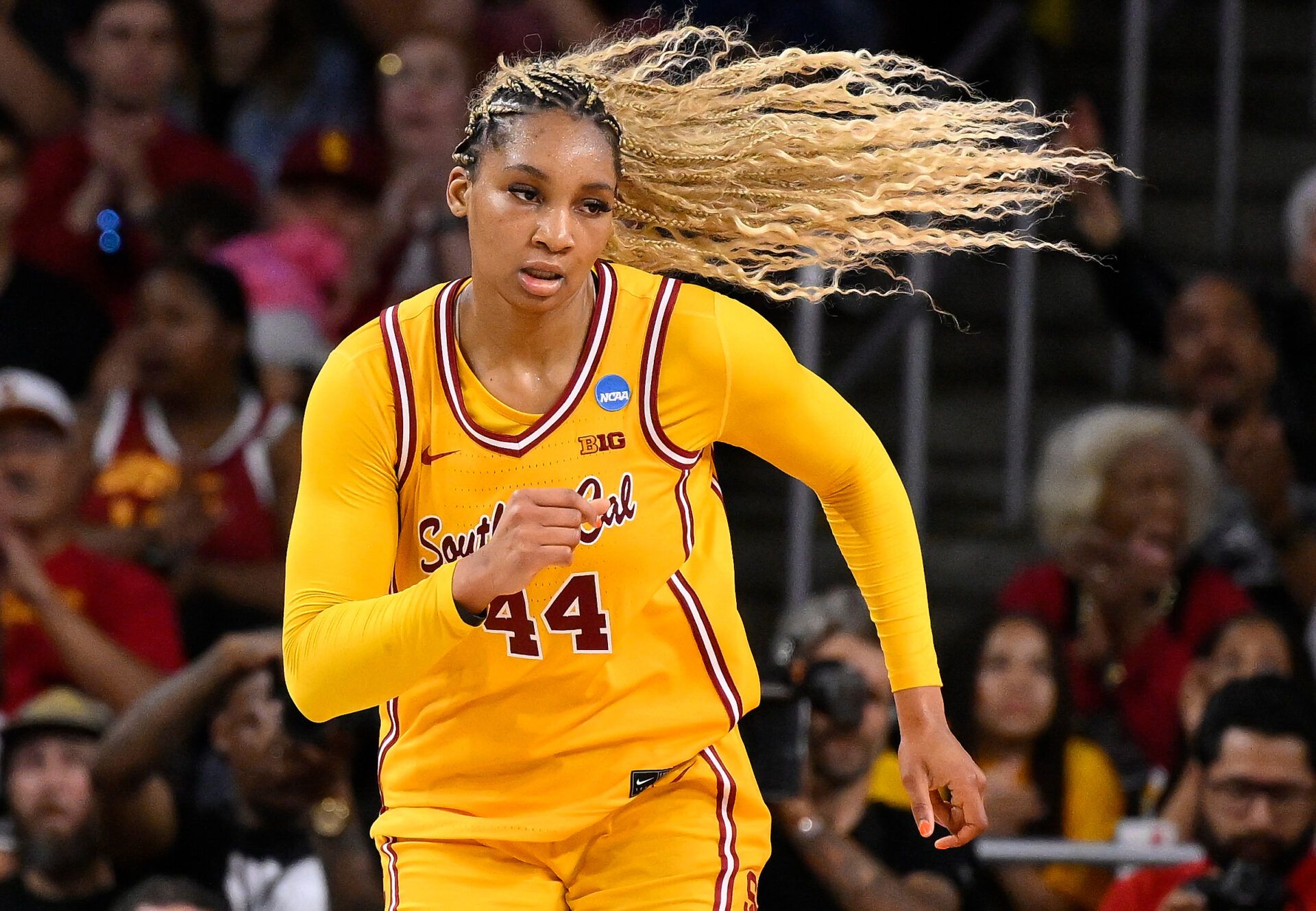 Mar 24, 2025; Los Angeles, California, USA; USC Trojans forward Kiki Iriafen (44) during an NCAA Tournament second round game against the Mississippi State Bulldogs at Galen Center. Mandatory Credit: Robert Hanashiro-Imagn Images